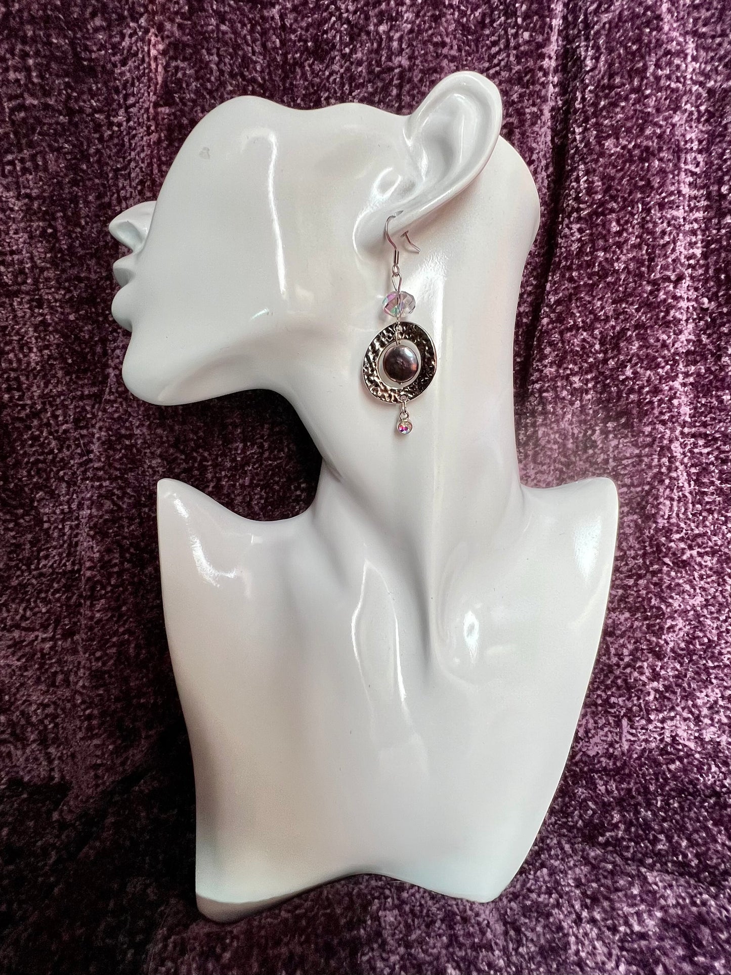 Earrings- Stainless steel ear hooks, silver plated metal and crystals, freshwater coin pearls, and crystal drop charm beads.