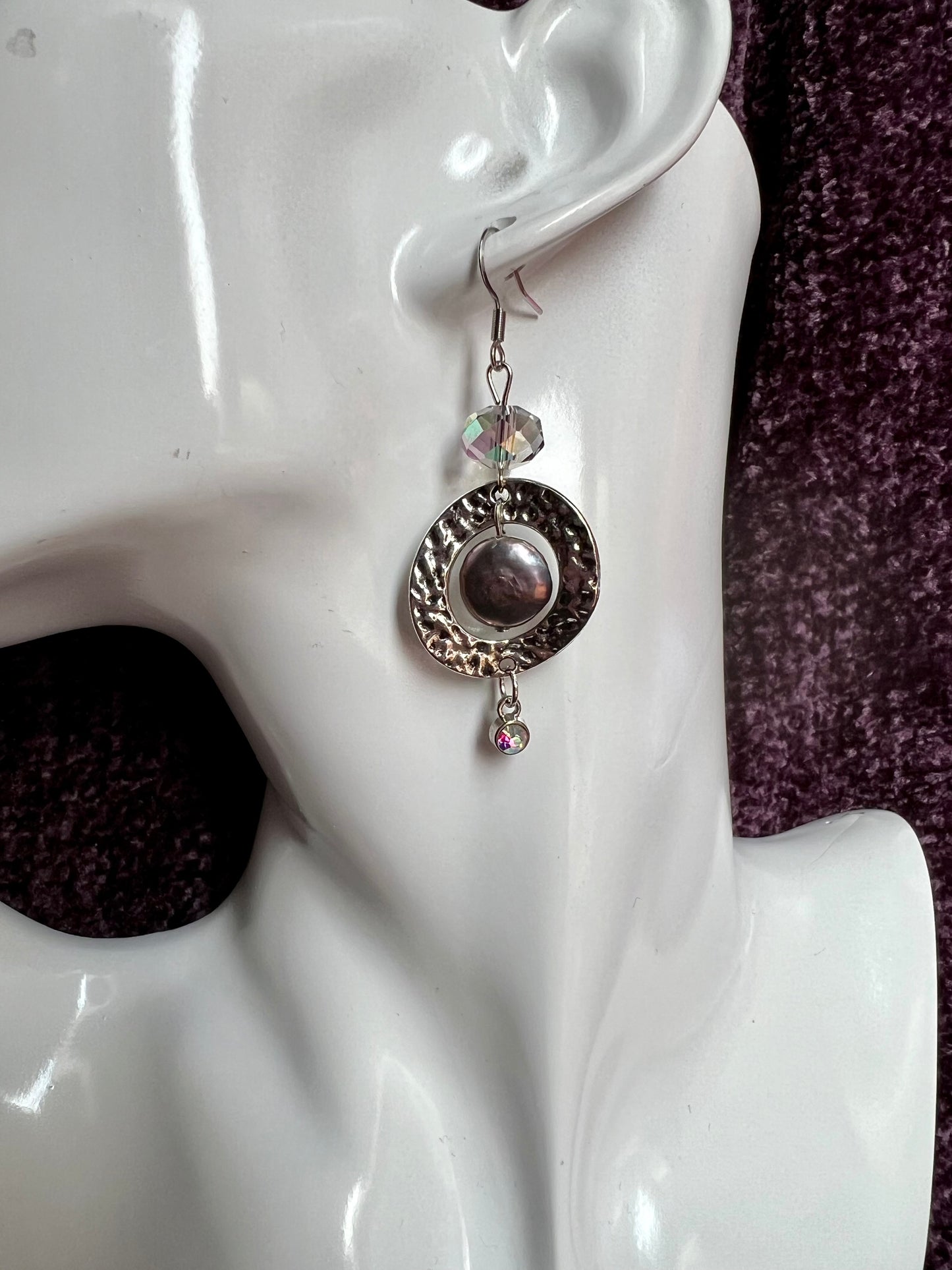 Earrings- Stainless steel ear hooks, silver plated metal and crystals, freshwater coin pearls, and crystal drop charm beads.