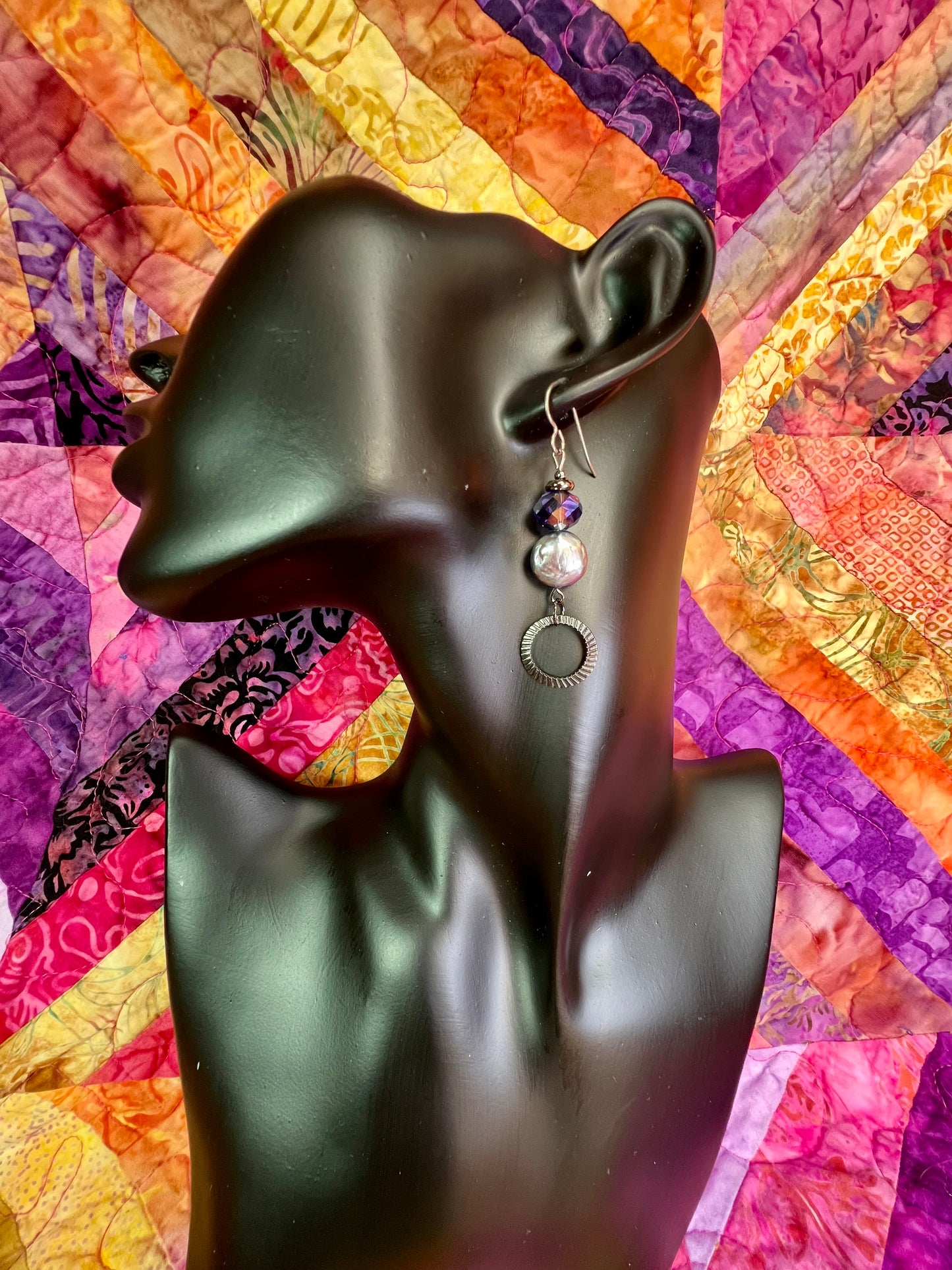 Earrings- Titanium ear hooks, gunmetal plated metal, crystals, and freshwater coin pearls.