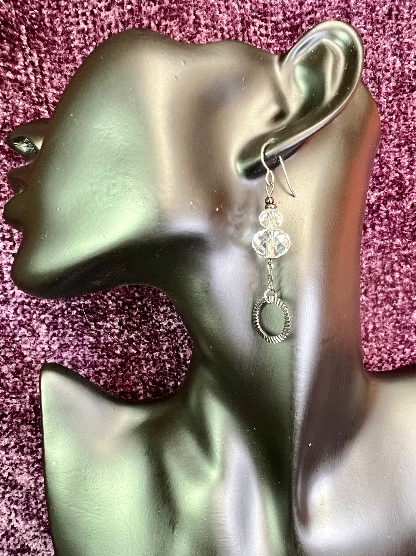 Earrings- Titanium ear hooks, gunmetal plated metal and clear crystals.