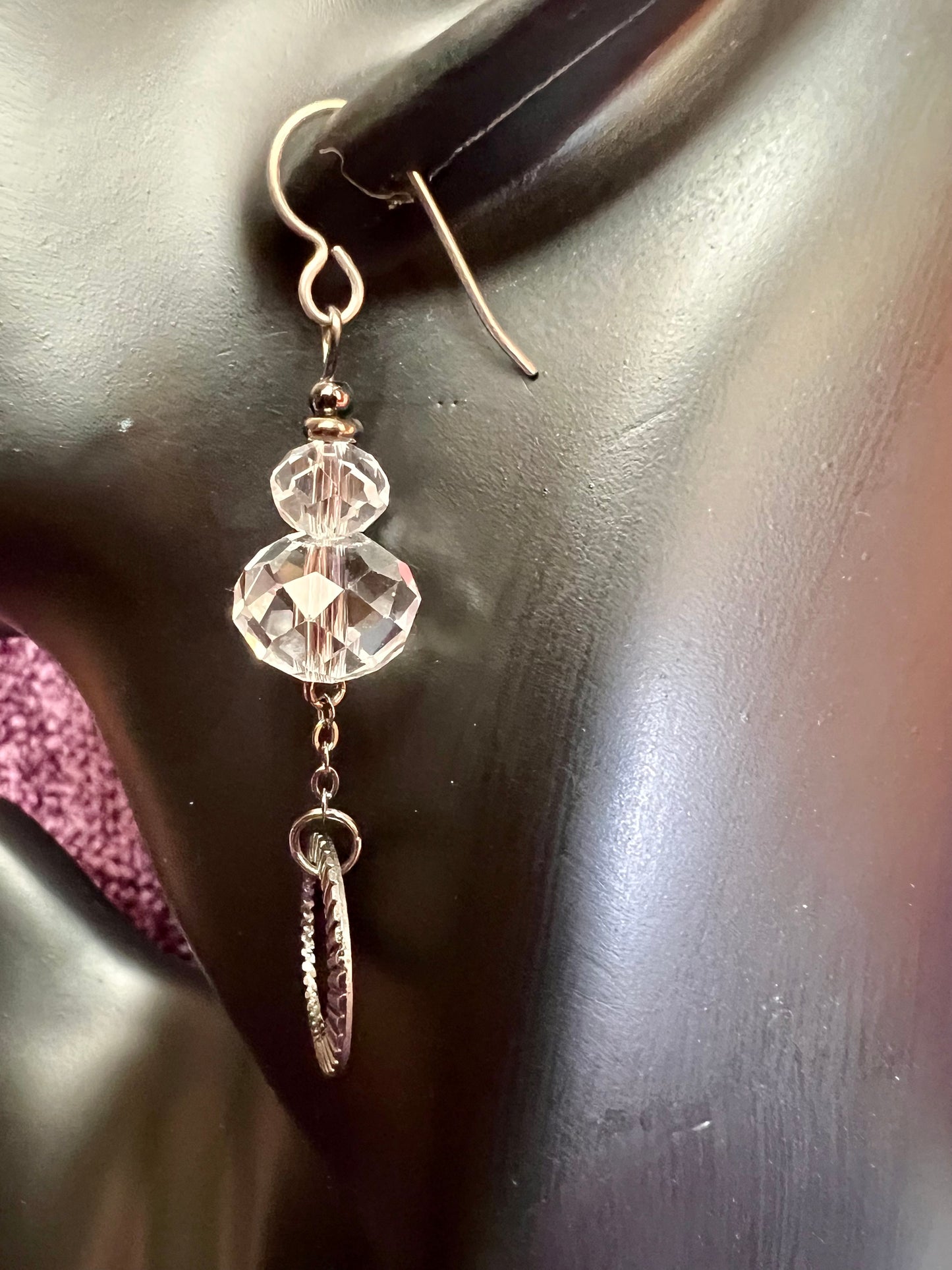 Earrings- Titanium ear hooks, gunmetal plated metal and clear crystals.