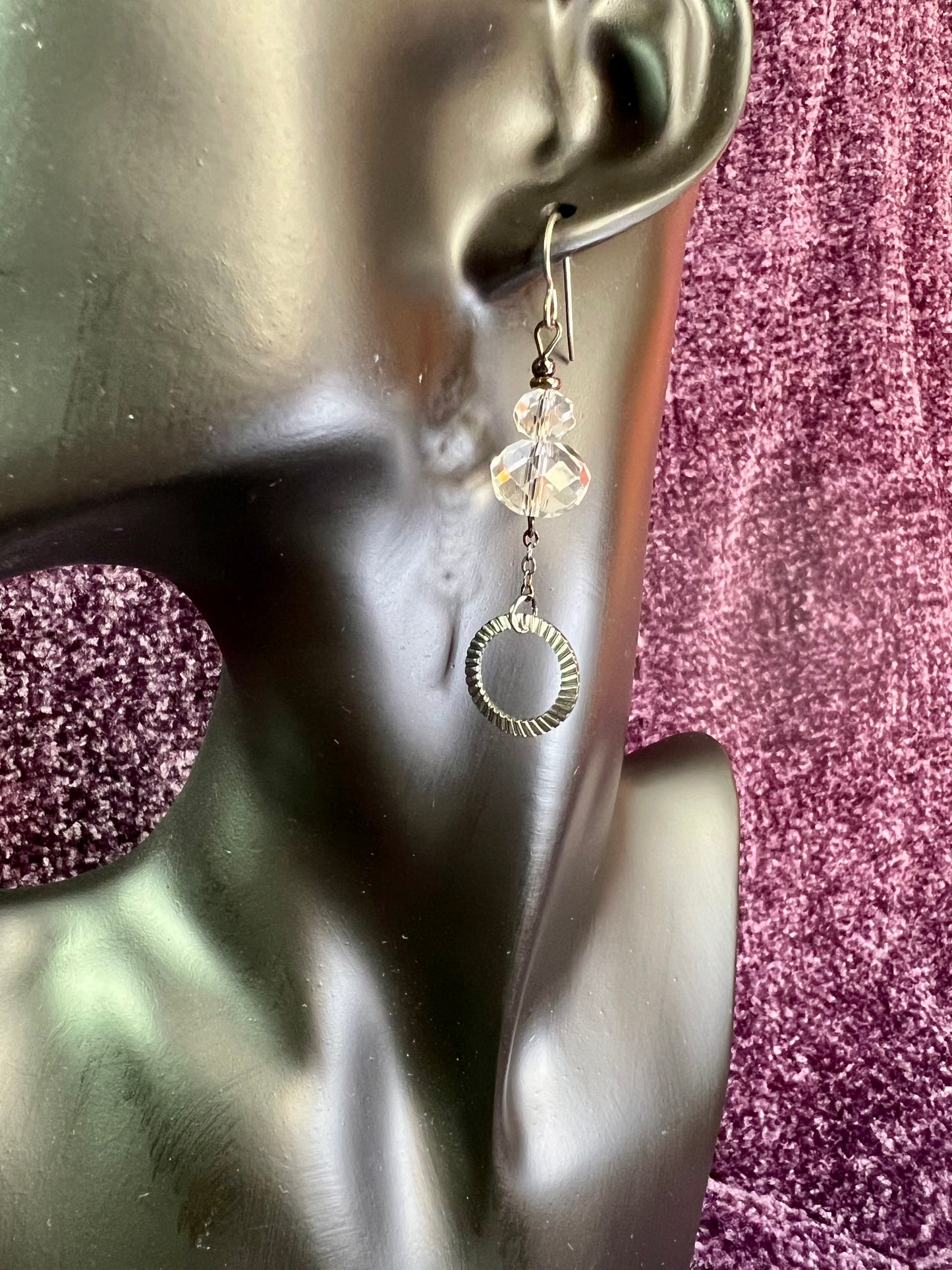 Earrings- Titanium ear hooks, gunmetal plated metal and clear crystals.