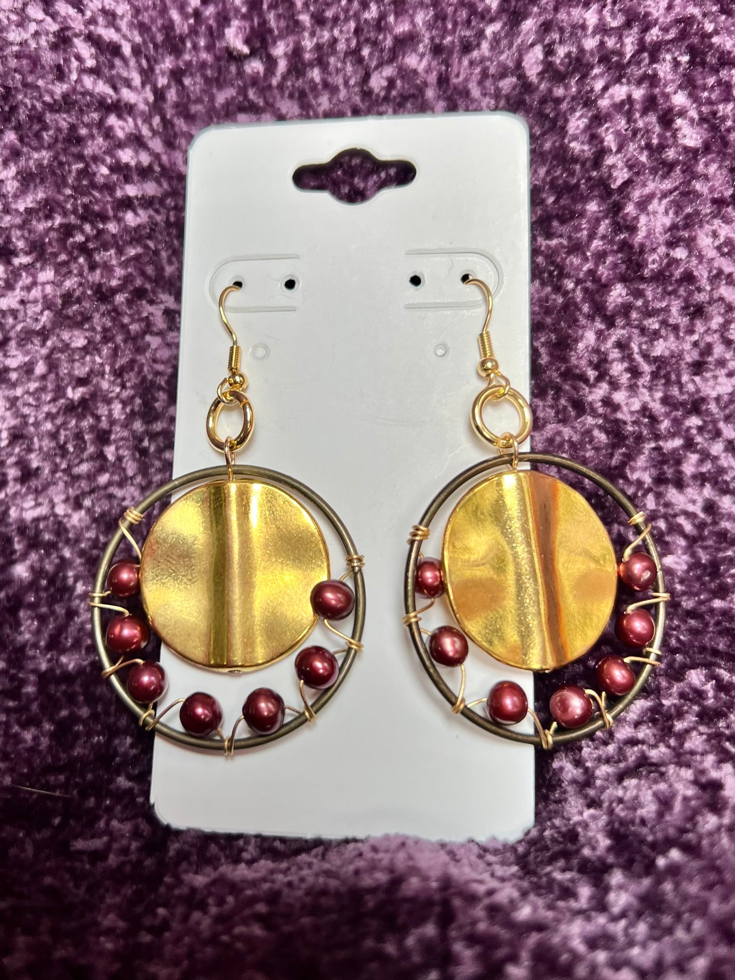 Earrings- Gold stainless steel ear wires, antique gold plated metal hoops, and genuine dyed maroon/burgundy freshwater pearls.
