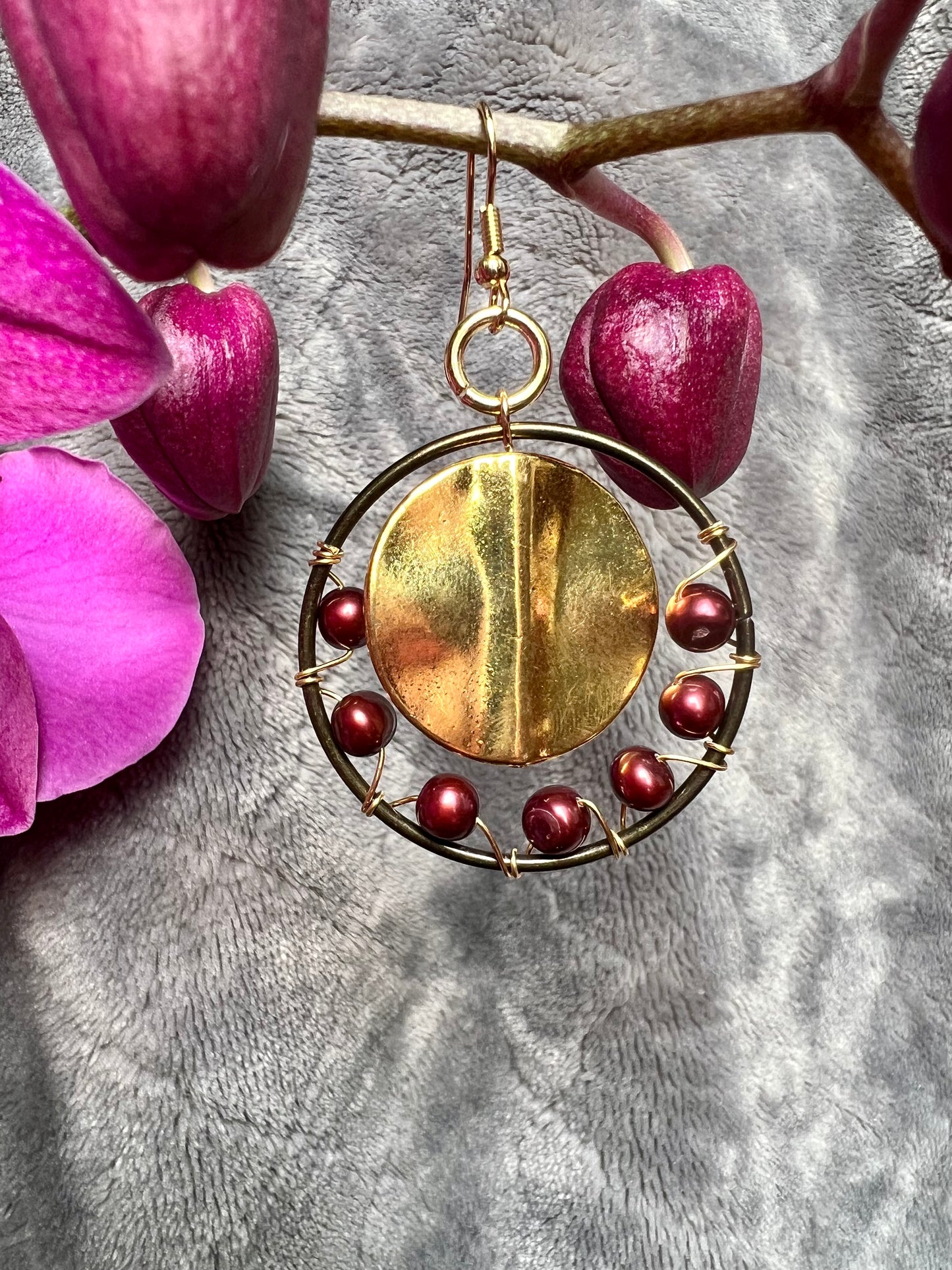 Earrings- Gold stainless steel ear wires, antique gold plated metal hoops, and genuine dyed maroon/burgundy freshwater pearls.