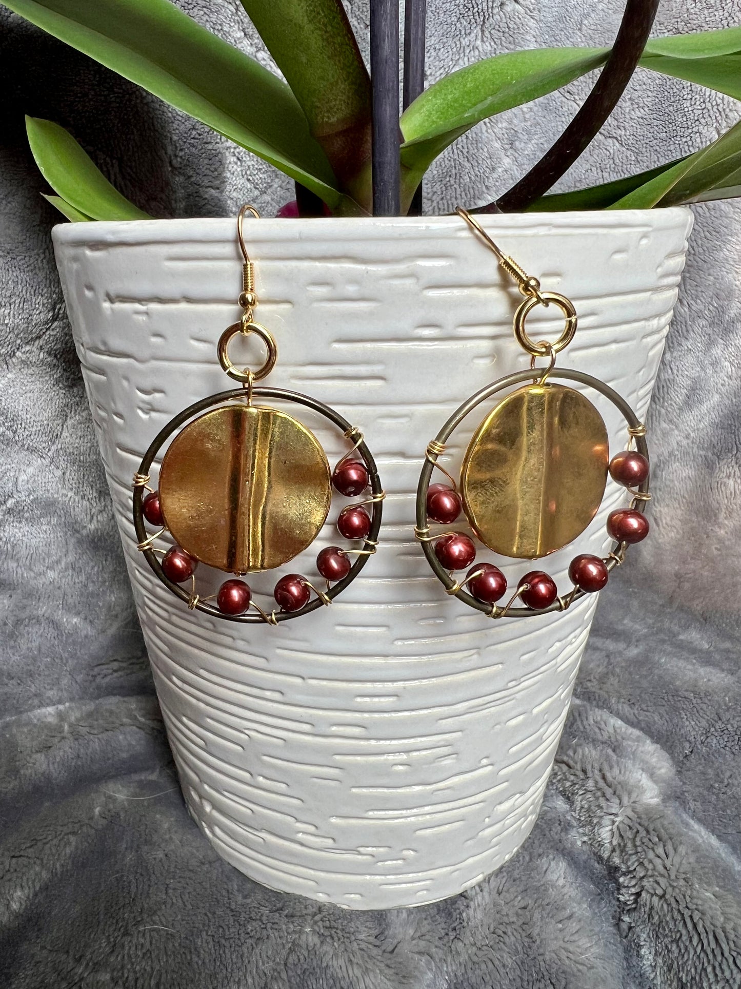Earrings- Gold stainless steel ear wires, antique gold plated metal hoops, and genuine dyed maroon/burgundy freshwater pearls.