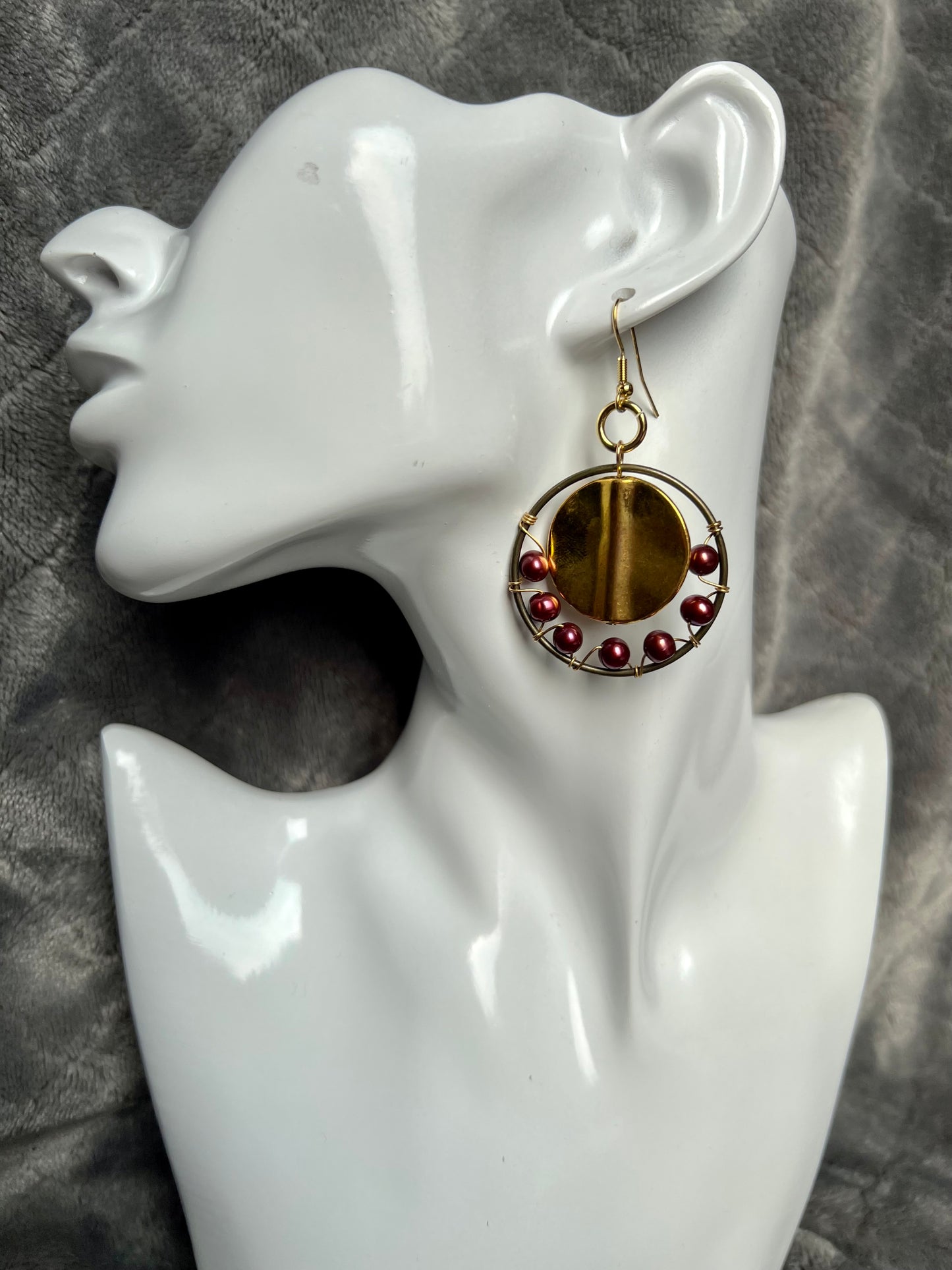 Earrings- Gold stainless steel ear wires, antique gold plated metal hoops, and genuine dyed maroon/burgundy freshwater pearls.