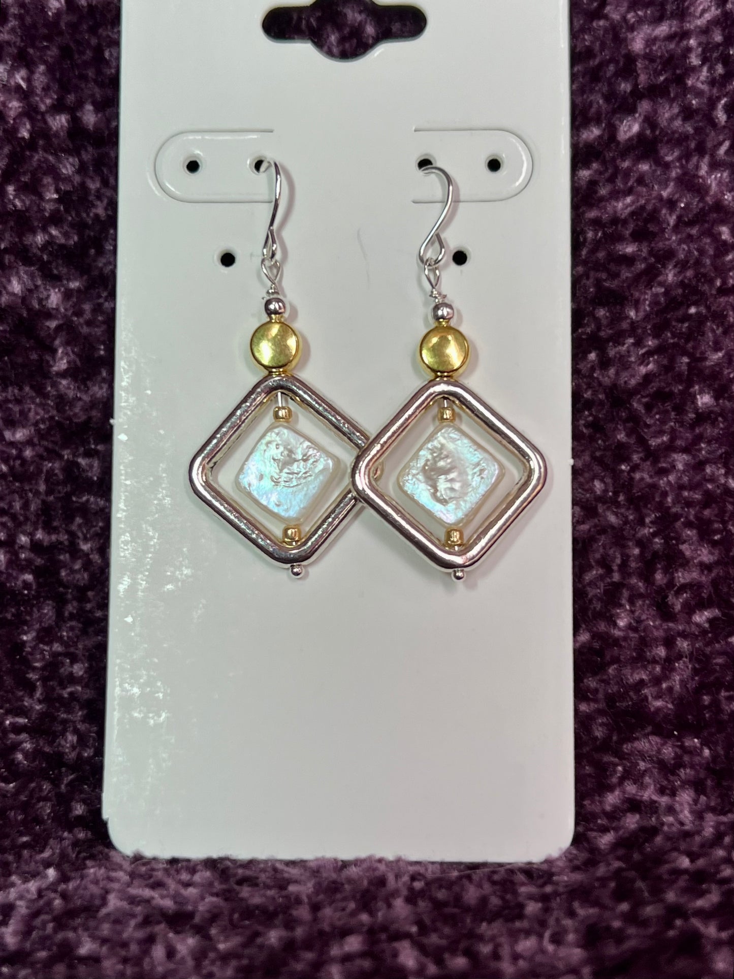 Earrings- Gold and silver and antiqued silver plated metal white iridescent diamond shaped freshwater pearls.