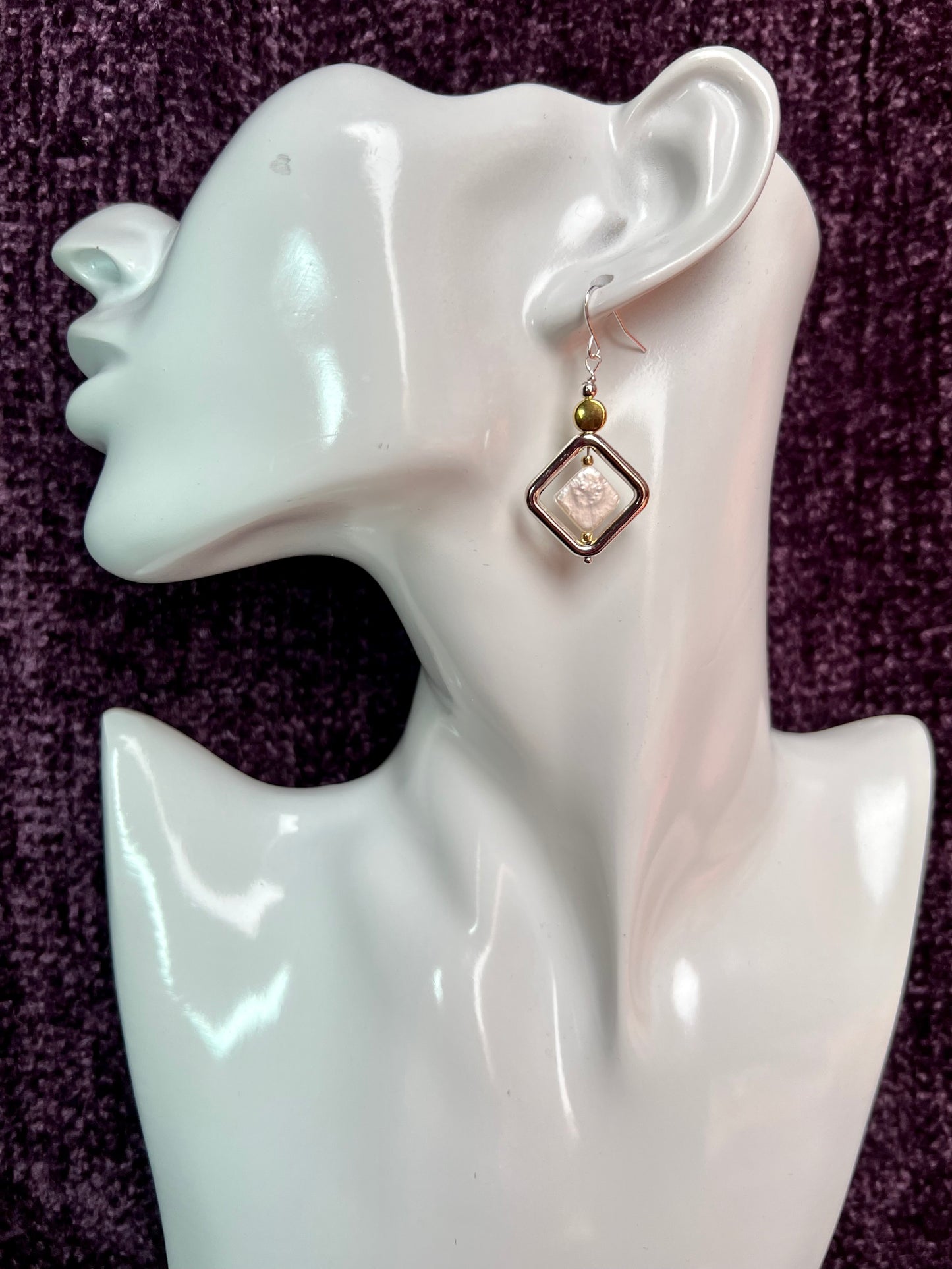 Earrings- Gold and silver and antiqued silver plated metal white iridescent diamond shaped freshwater pearls.