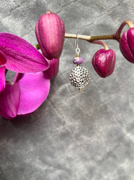 Earrings- Purple stone bead with silver coin bead.