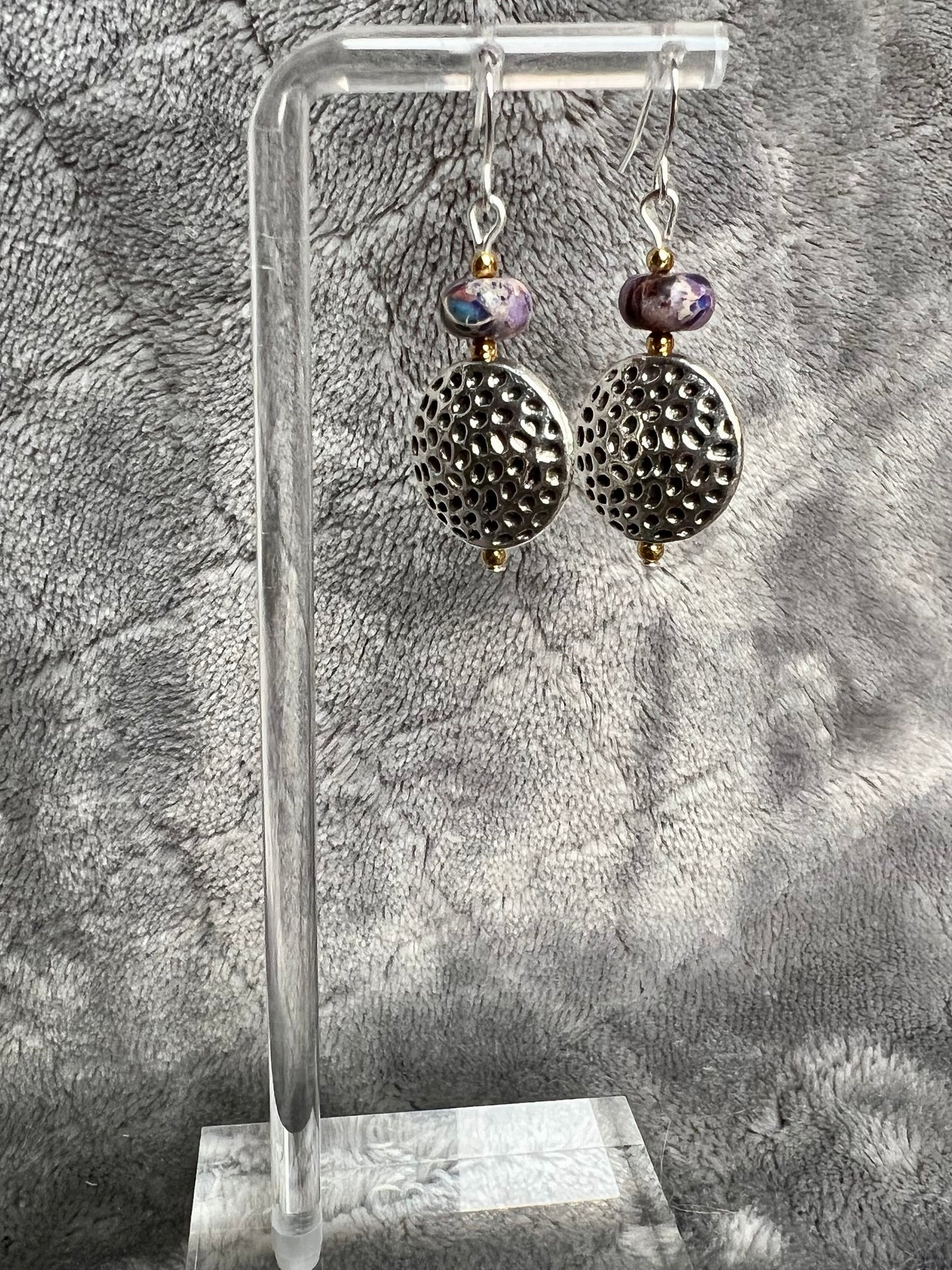 Earrings- Purple stone bead with silver coin bead.