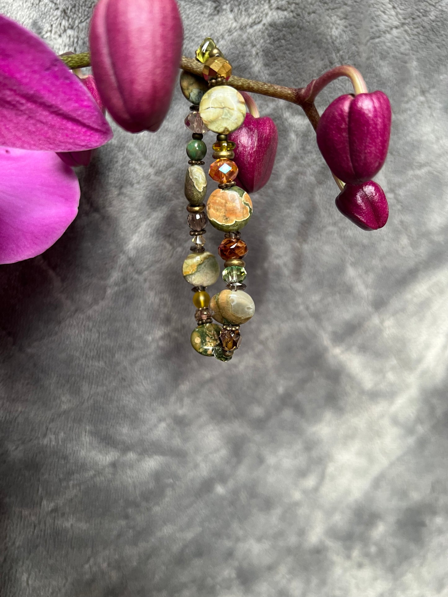 Bracelet- Antique gold, jasper, crystals, and smoky quartz.