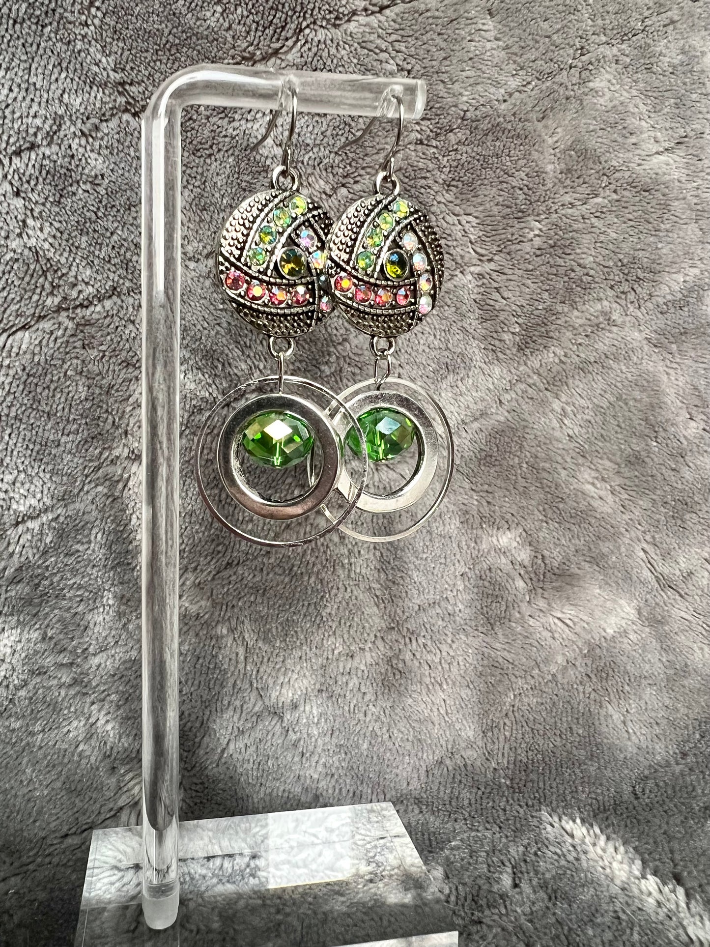 Earrings- Antiqued silver plated metal with green and coral AB crystal rhinestones.