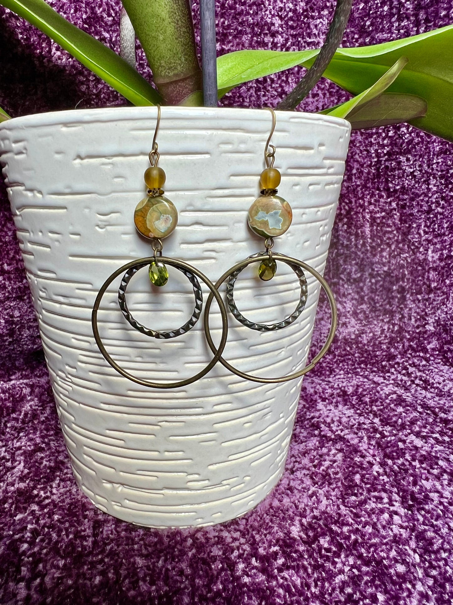 Earrings- Antique gold plated metal with jasper, smoky quartz, green cubic zirconia, and round pressed glass beads.