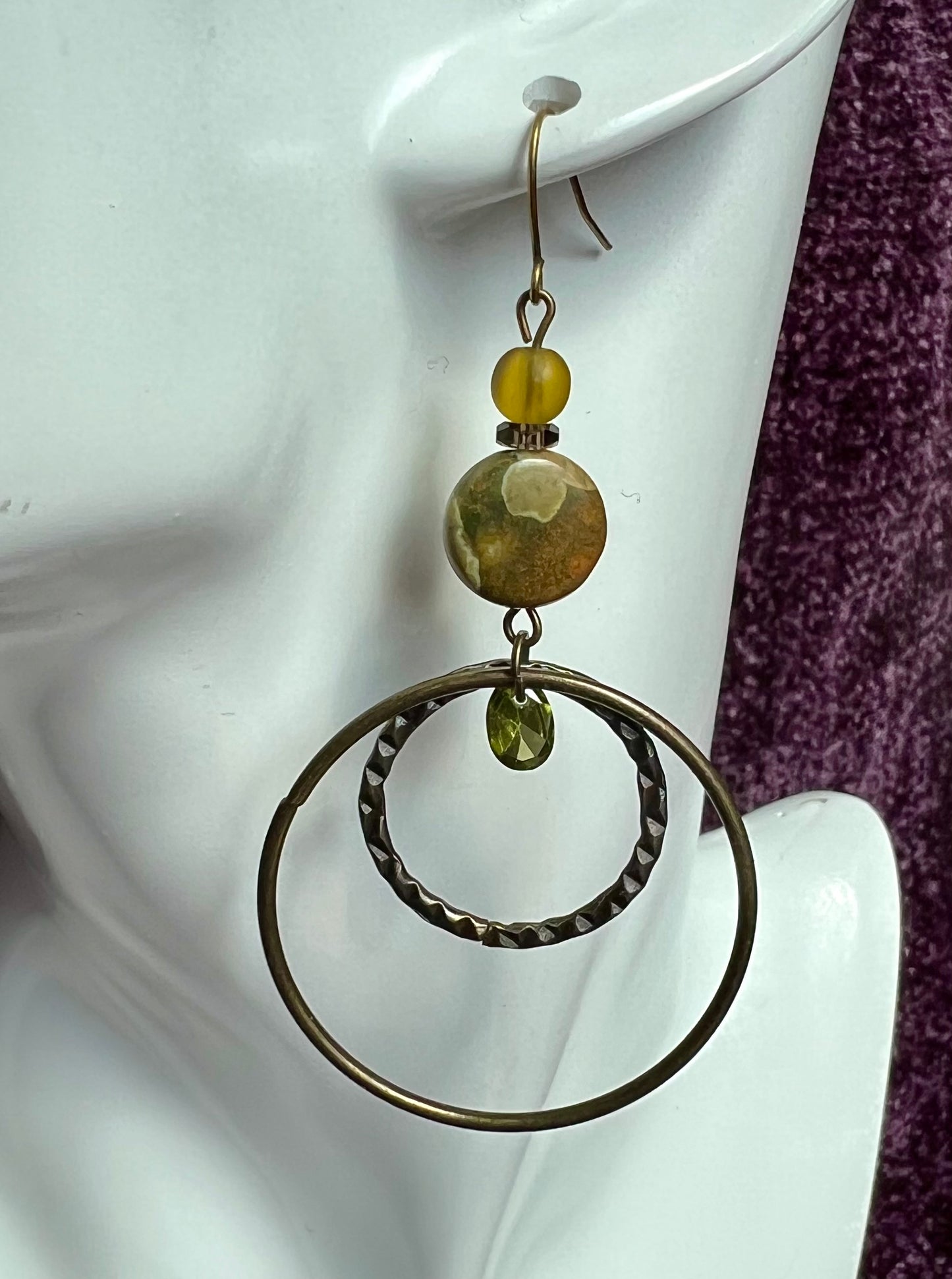 Earrings- Antique gold plated metal with jasper, smoky quartz, green cubic zirconia, and round pressed glass beads.