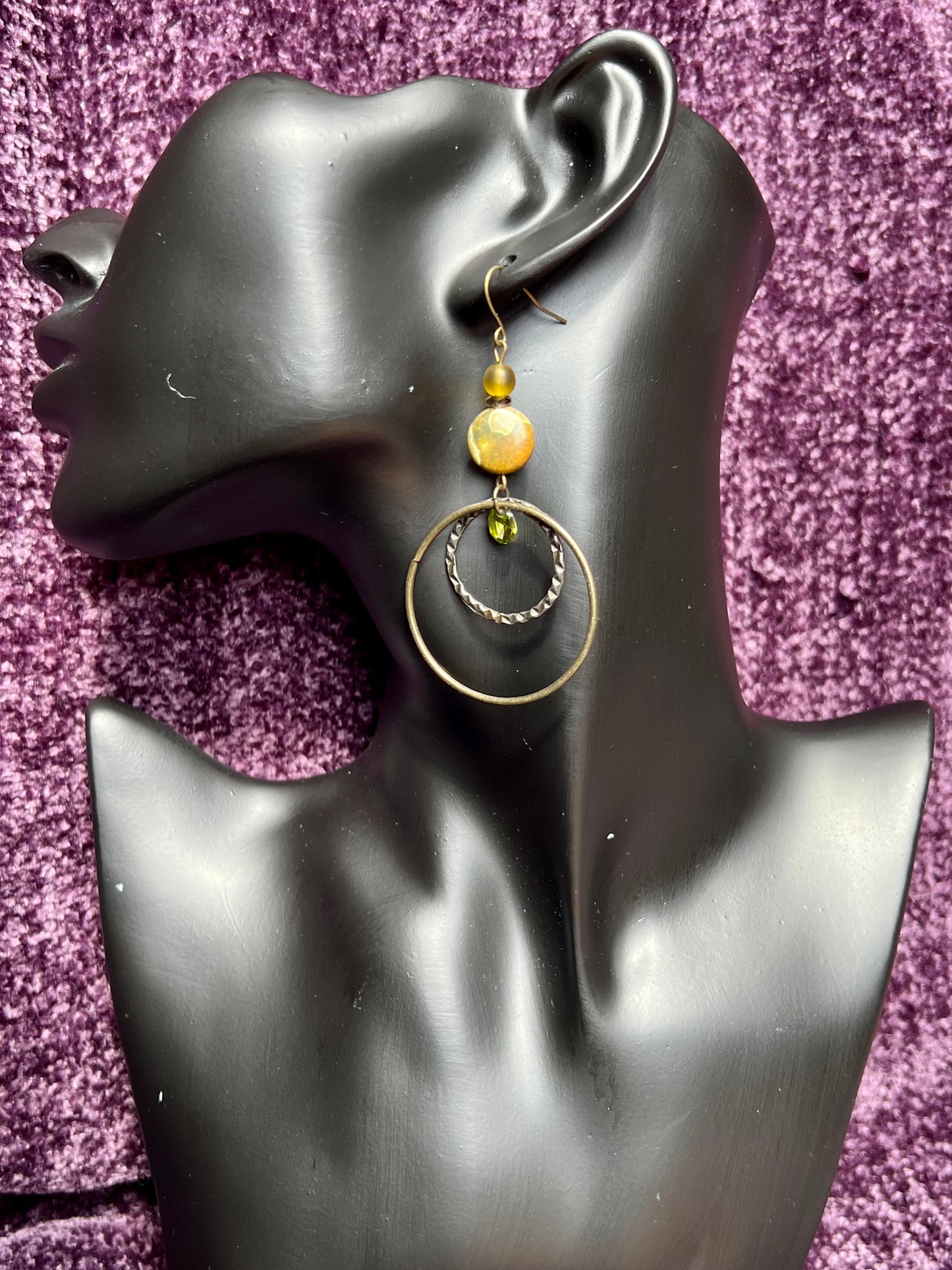 Earrings- Antique gold plated metal with jasper, smoky quartz, green cubic zirconia, and round pressed glass beads.