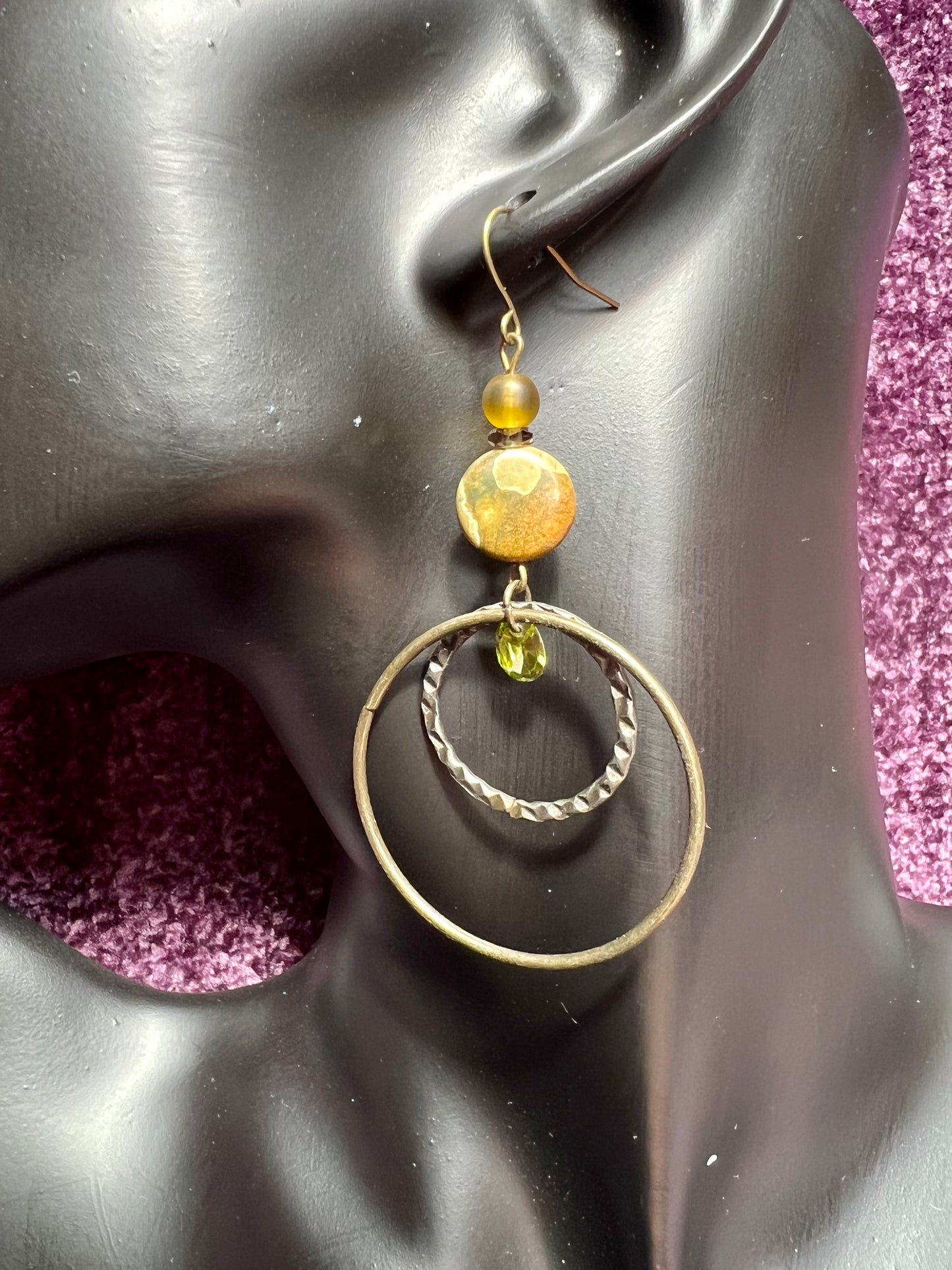 Earrings- Antique gold plated metal with jasper, smoky quartz, green cubic zirconia, and round pressed glass beads.