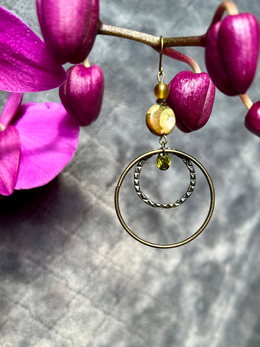 Earrings- Antique gold plated metal with jasper, smoky quartz, green cubic zirconia, and round pressed glass beads.