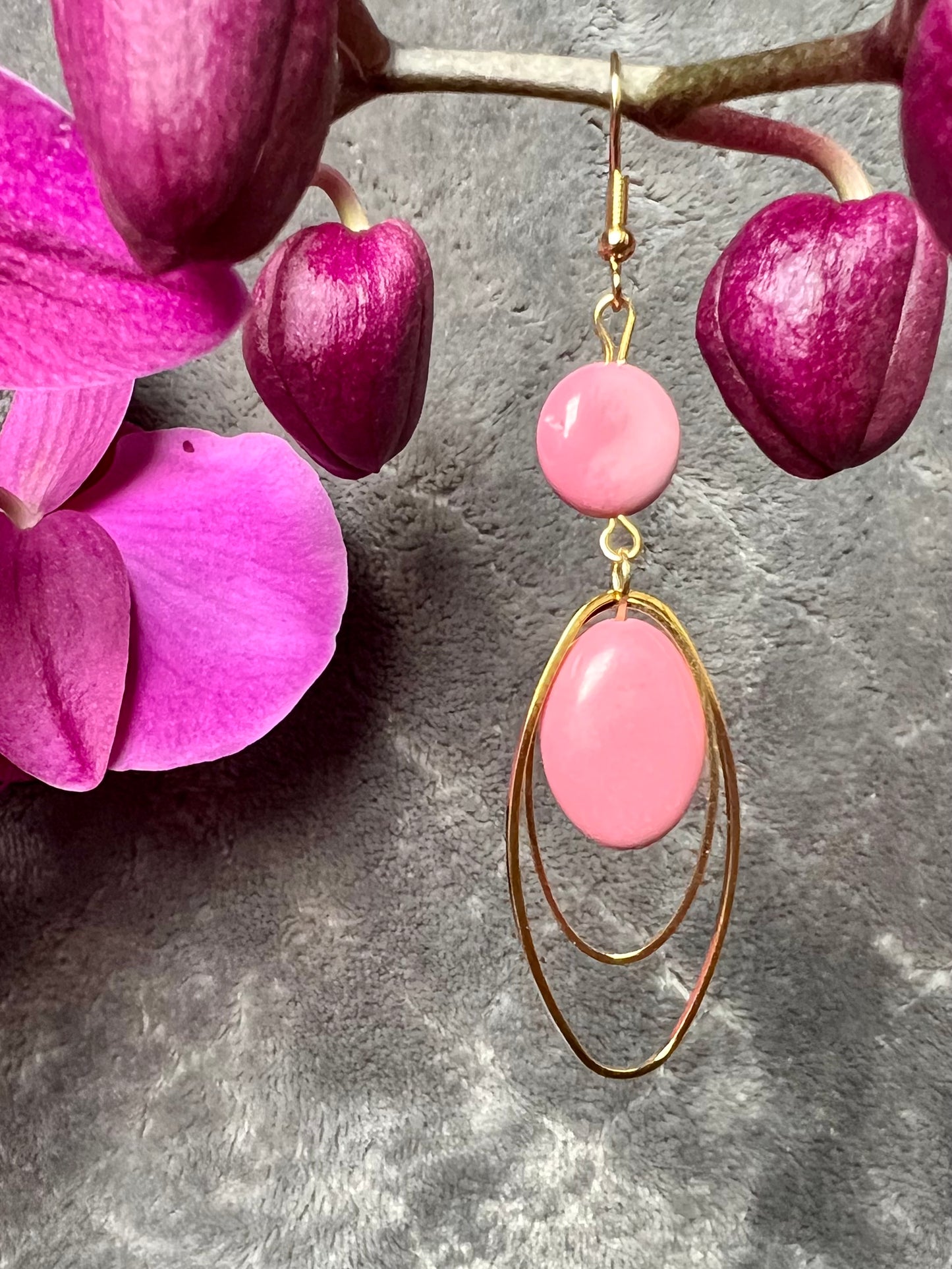 Earrings- Gold plated stainless steel ear hooks and gold plated metal with pink dyed natural stone beads.