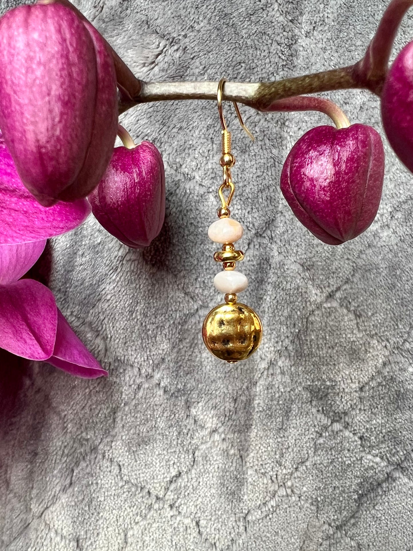 Earrings- Gold plated stainless steel ear hooks, gold plated metal with opaque natural stone nuggets.