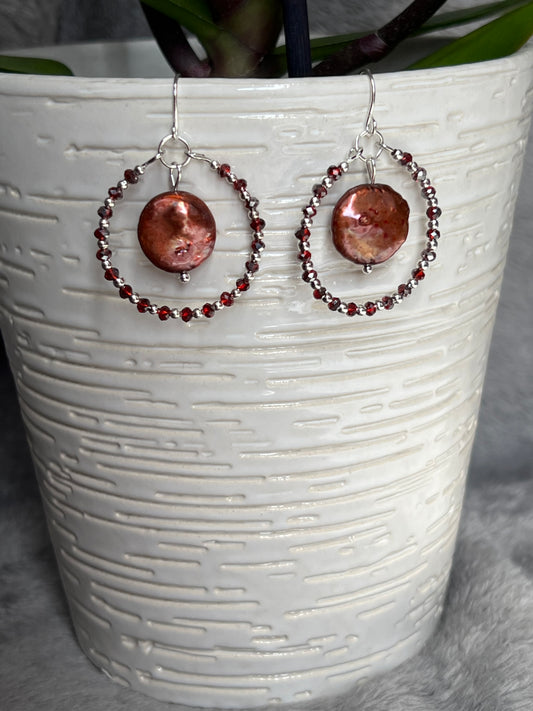 Earrings- Silver plated metal with crystals and burgundy fresh water coin pearls.