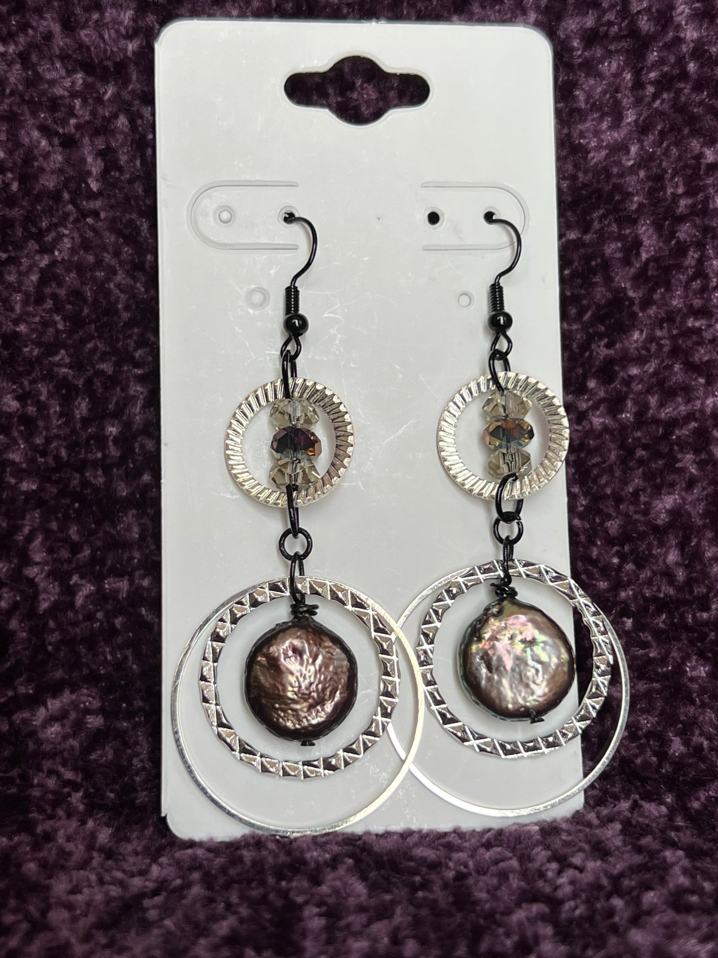 Earrings- Silver plated metal hoops with crystals & freshwater peacock coin pearls.