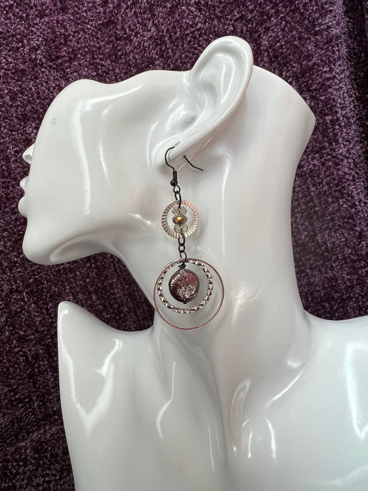 Earrings- Silver plated metal hoops with crystals & freshwater peacock coin pearls.