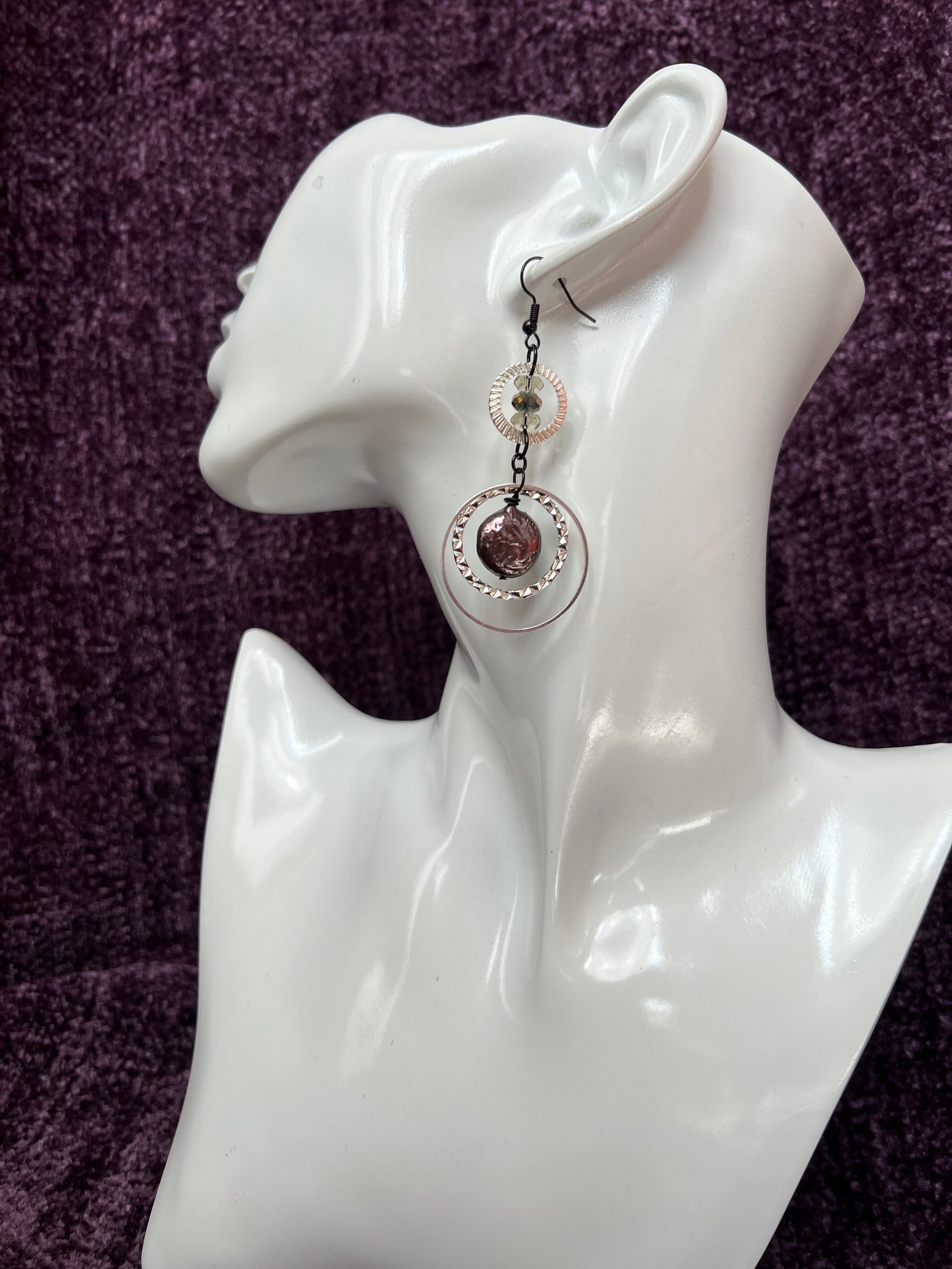 Earrings- Silver plated metal hoops with crystals & freshwater peacock coin pearls.