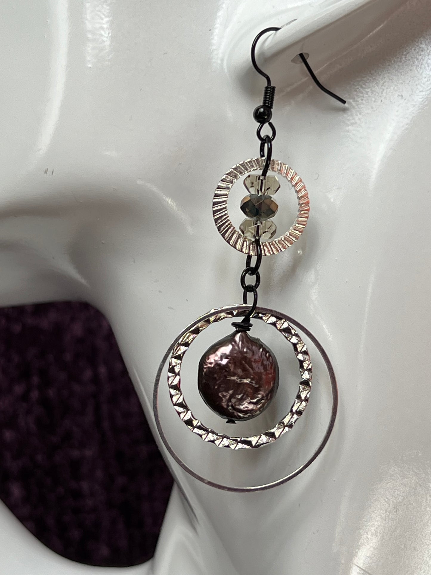 Earrings- Silver plated metal hoops with crystals & freshwater peacock coin pearls.