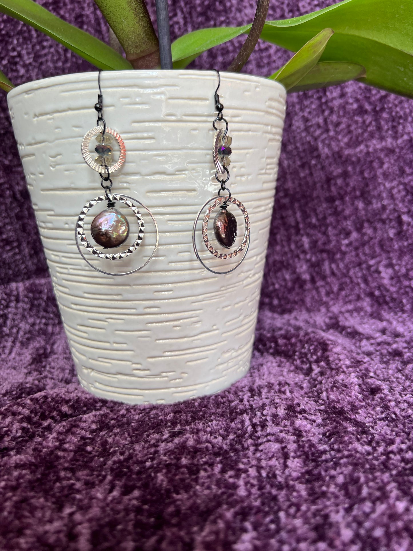 Earrings- Silver plated metal hoops with crystals & freshwater peacock coin pearls.