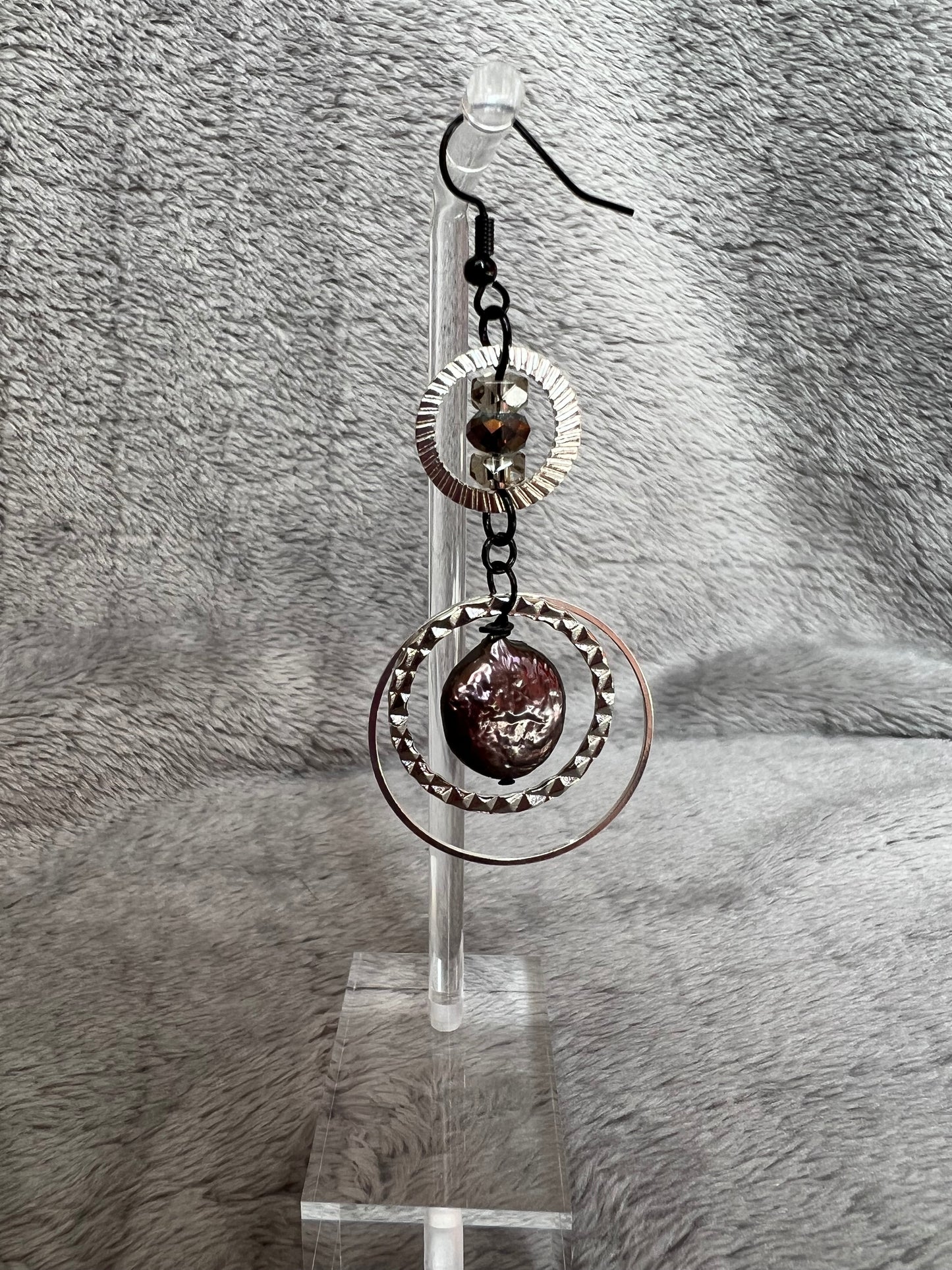 Earrings- Silver plated metal hoops with crystals & freshwater peacock coin pearls.