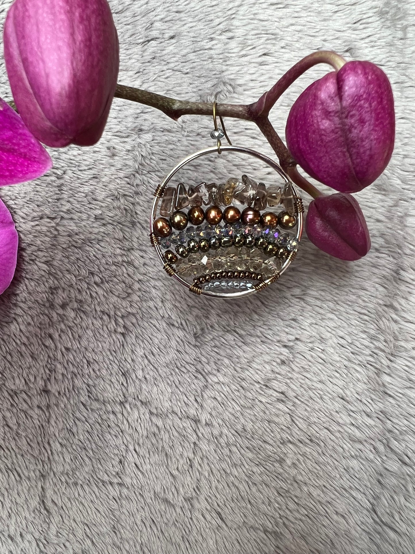 Earrings- Silver plated metal with Smokey quartz, fresh water pearls and crystals.