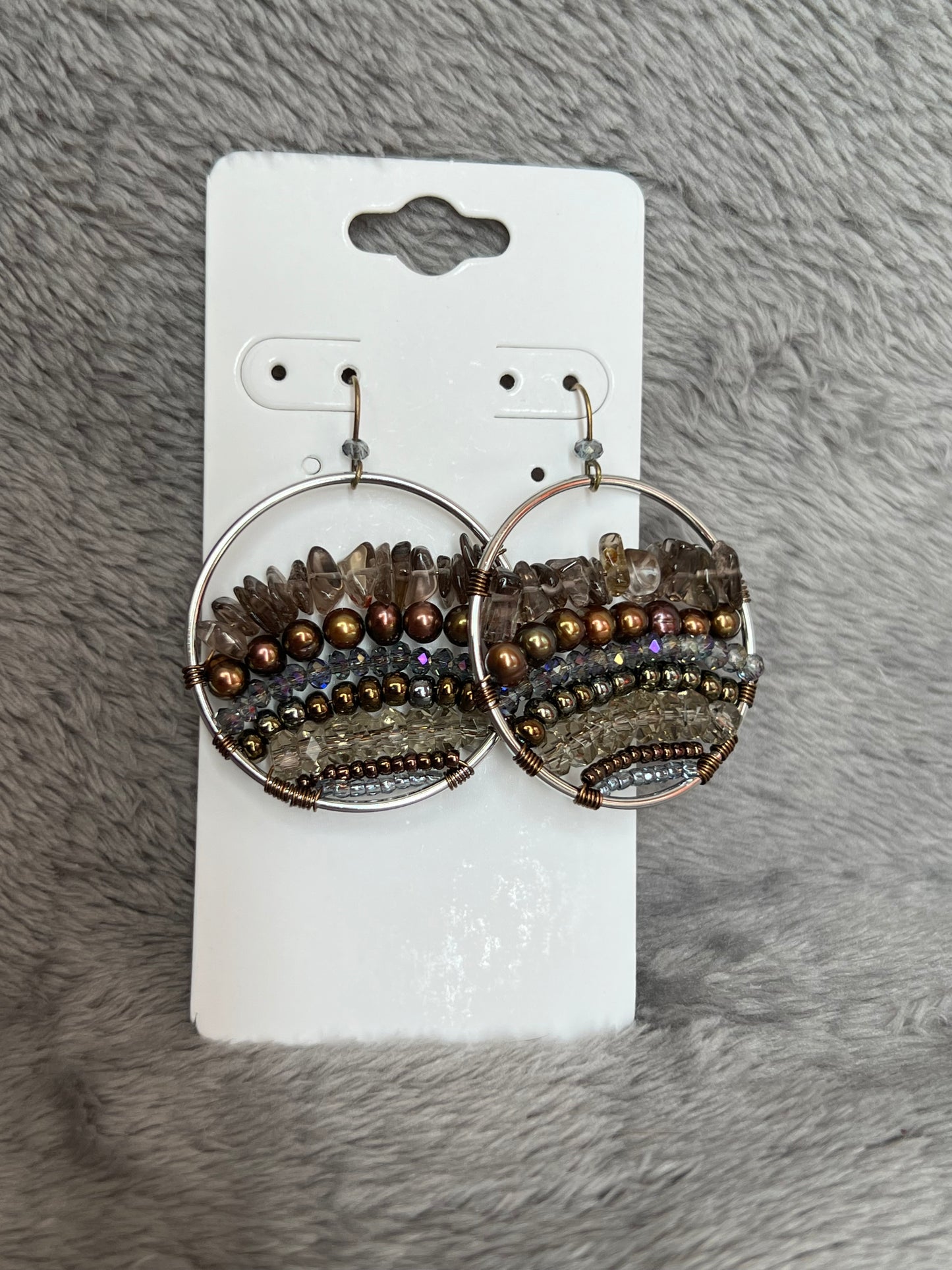 Earrings- Silver plated metal with Smokey quartz, fresh water pearls and crystals.