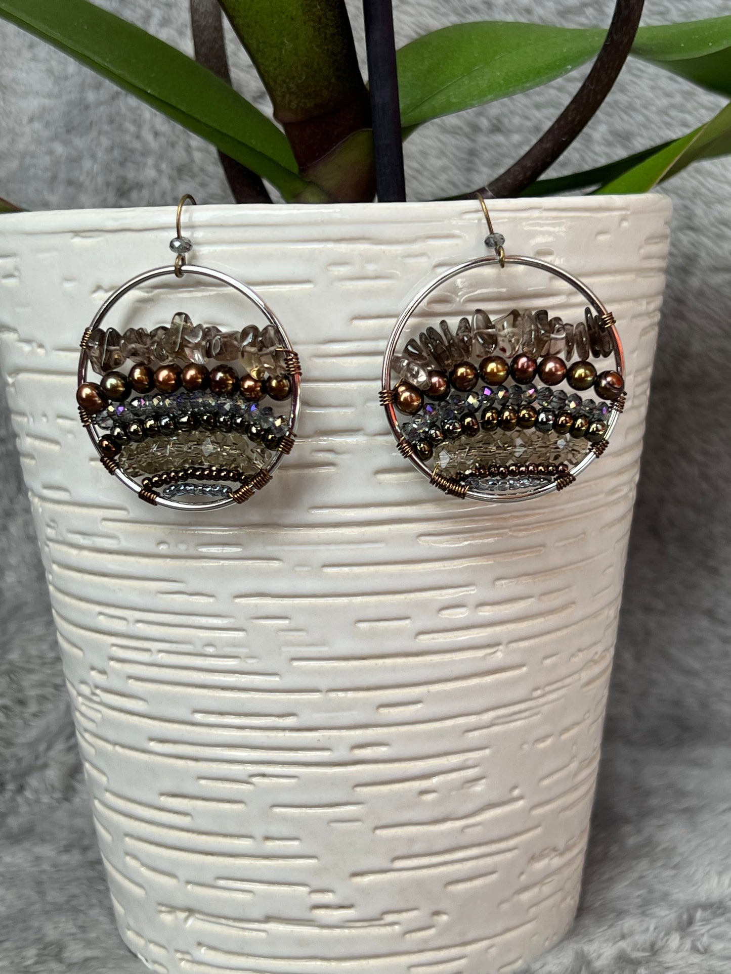 Earrings- Silver plated metal with Smokey quartz, fresh water pearls and crystals.
