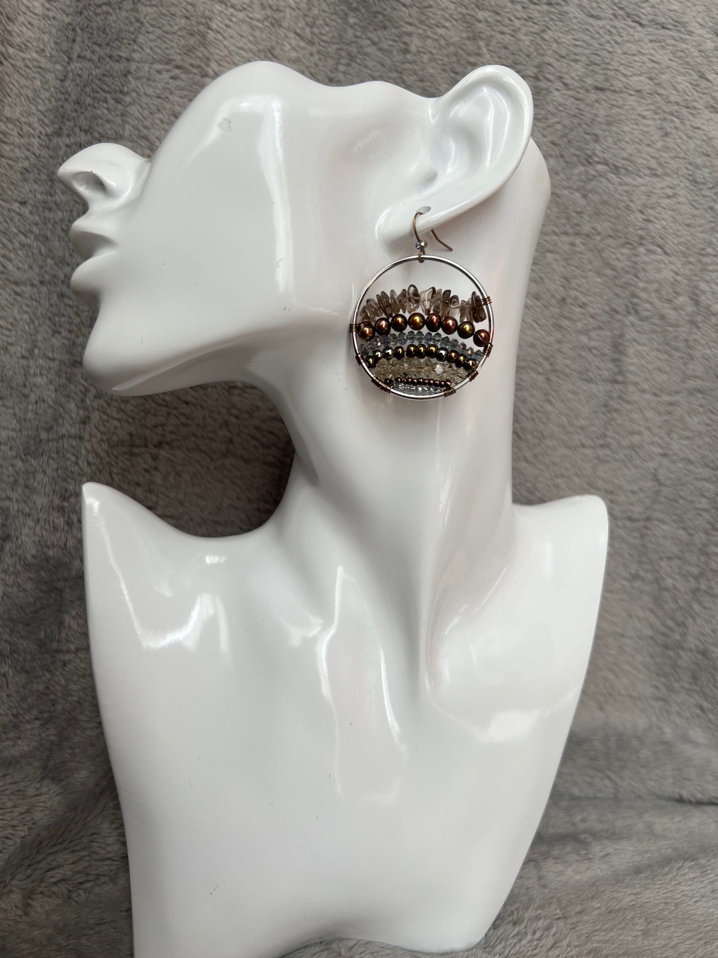 Earrings- Silver plated metal with Smokey quartz, fresh water pearls and crystals.