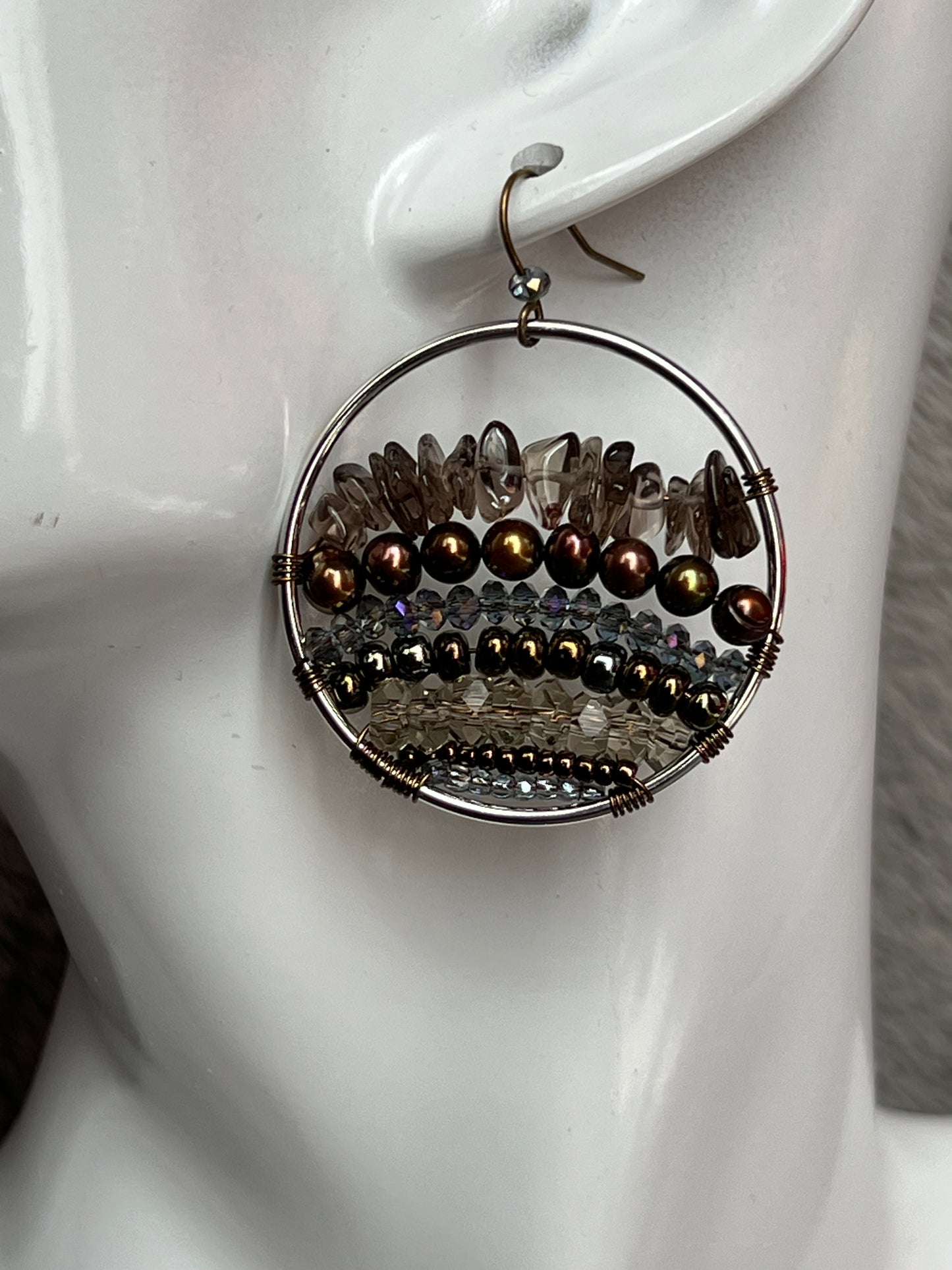 Earrings- Silver plated metal with Smokey quartz, fresh water pearls and crystals.