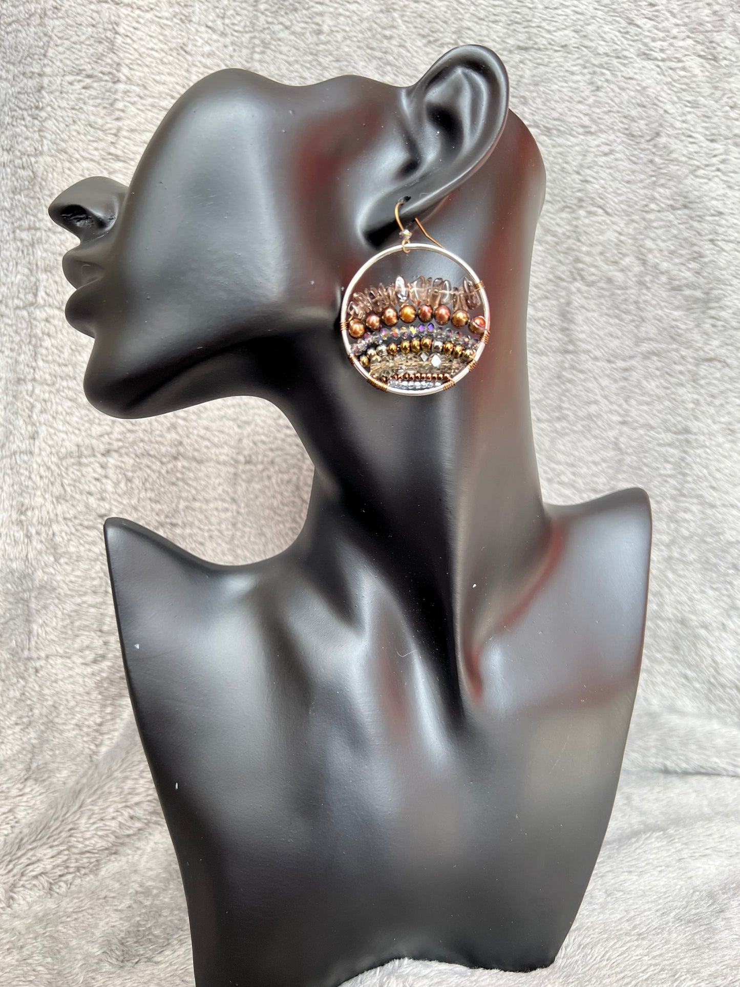 Earrings- Silver plated metal with Smokey quartz, fresh water pearls and crystals.