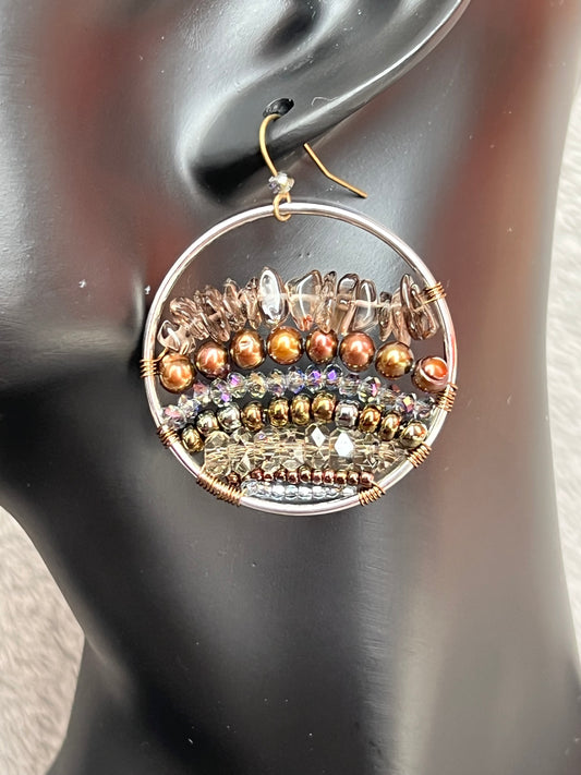 Earrings- Silver plated metal with Smokey quartz, fresh water pearls and crystals.