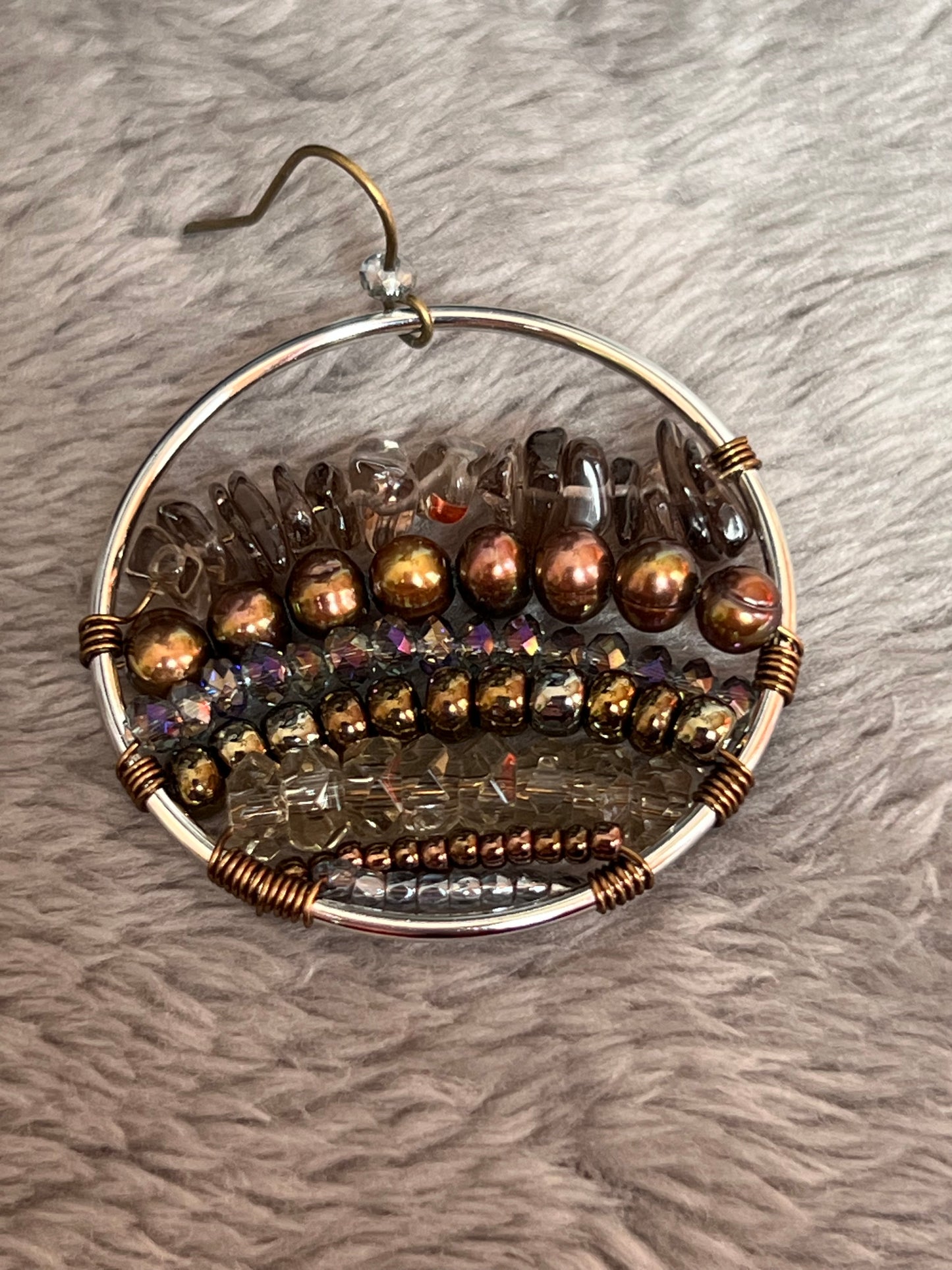 Earrings- Silver plated metal with Smokey quartz, fresh water pearls and crystals.