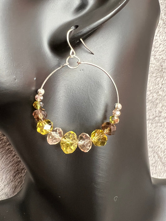 Earrings- Silver plated metal with cream, smoky quartz, & olive green crystal beads.