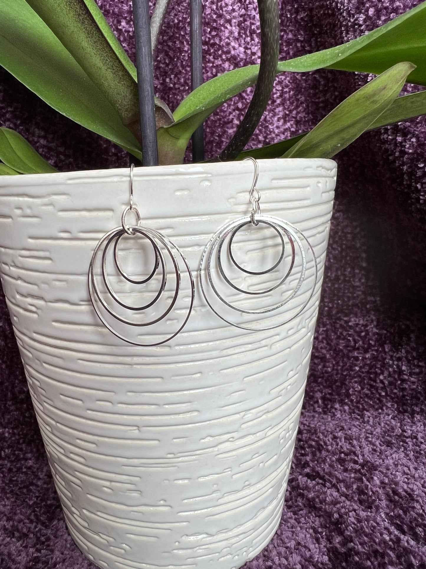 Earrings- Silver plated hoops of various sizes.