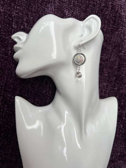 Earrings- Silver plated metal with AB crystals and swirl bead.