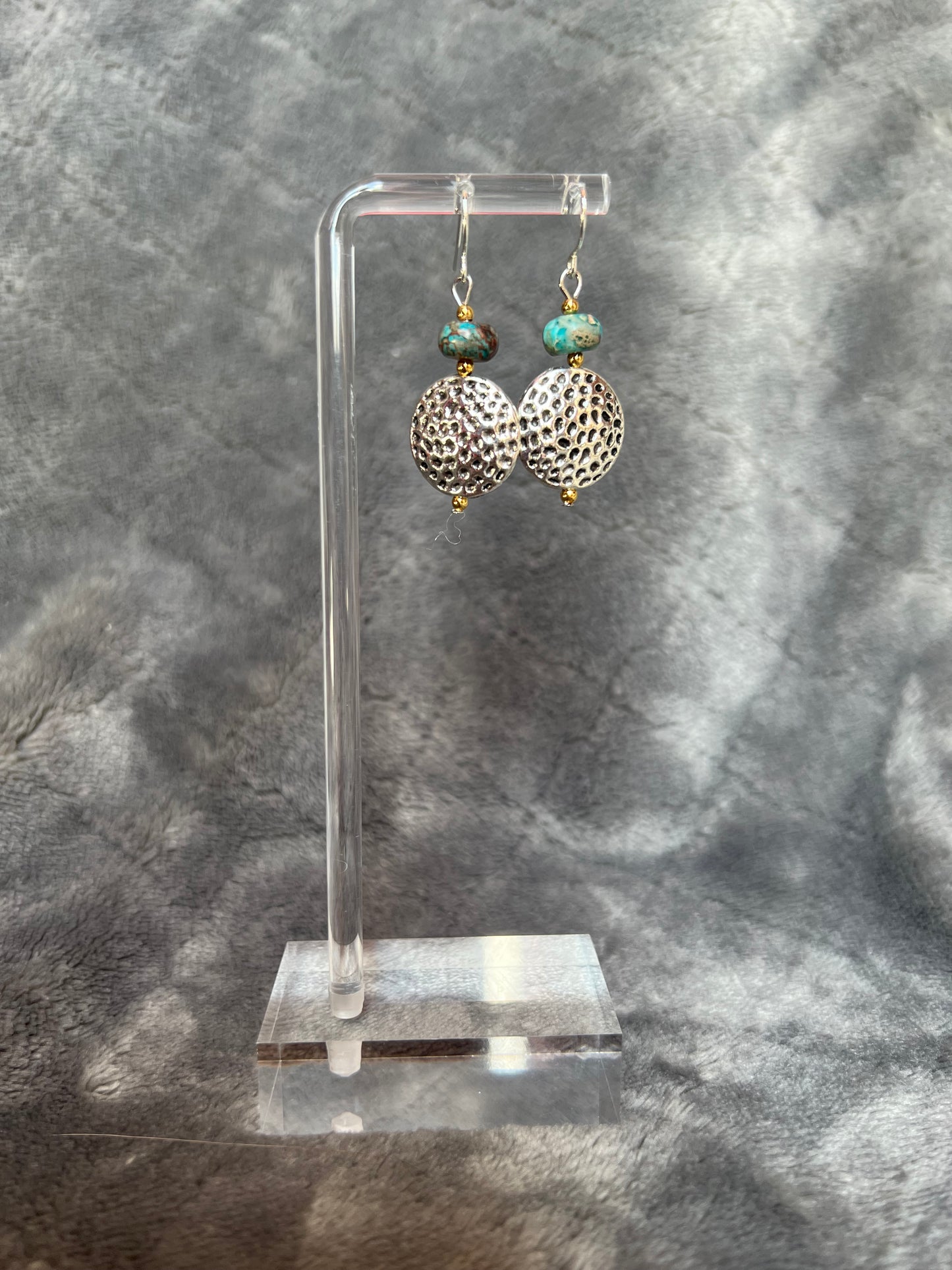 Earrings- Silver plated coin bead with turquoise stones.