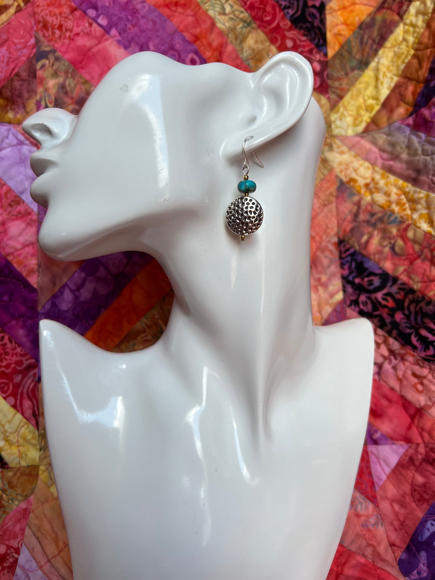 Earrings- Silver plated coin bead with turquoise stones.