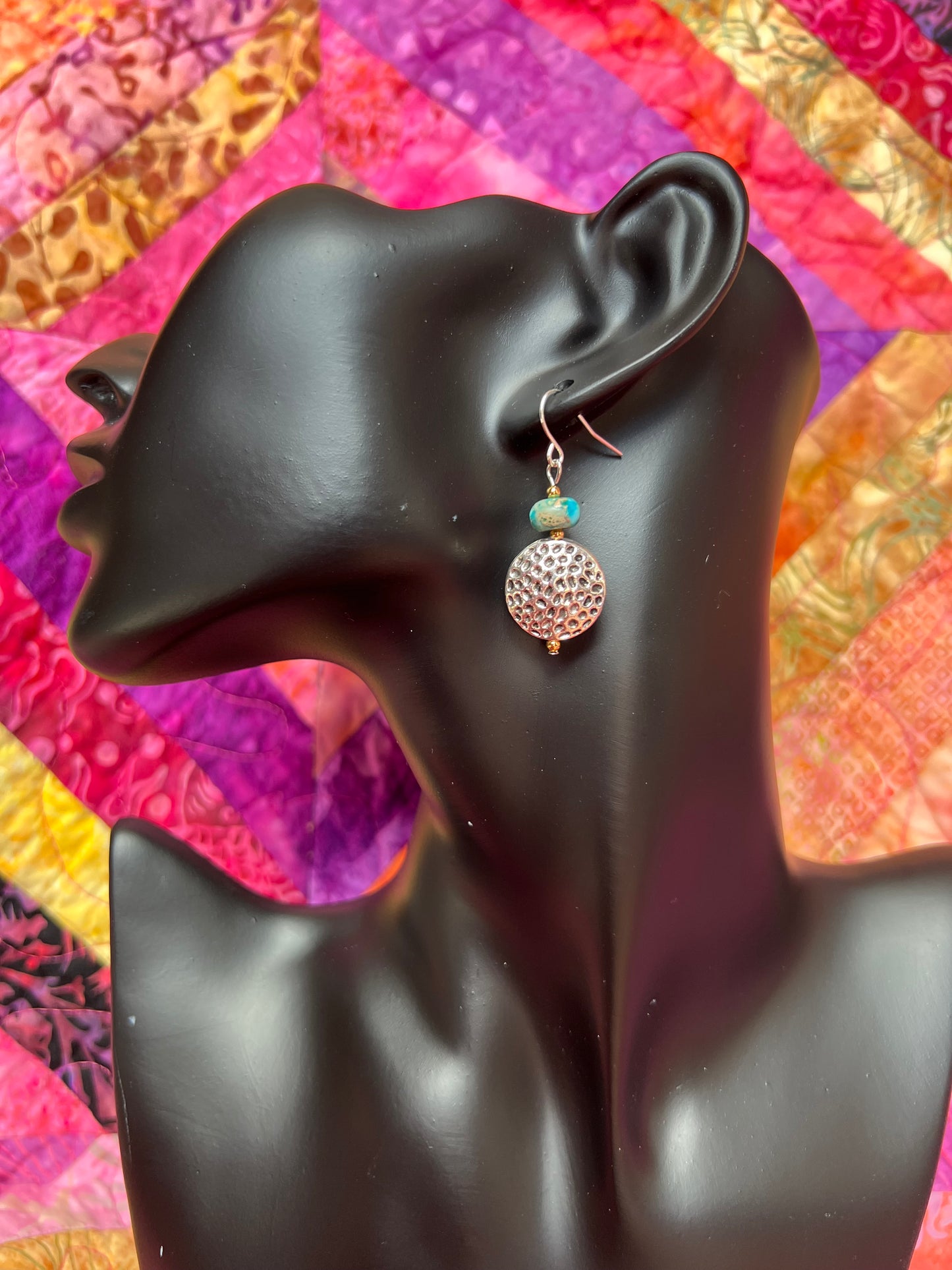 Earrings- Silver plated coin bead with turquoise stones.