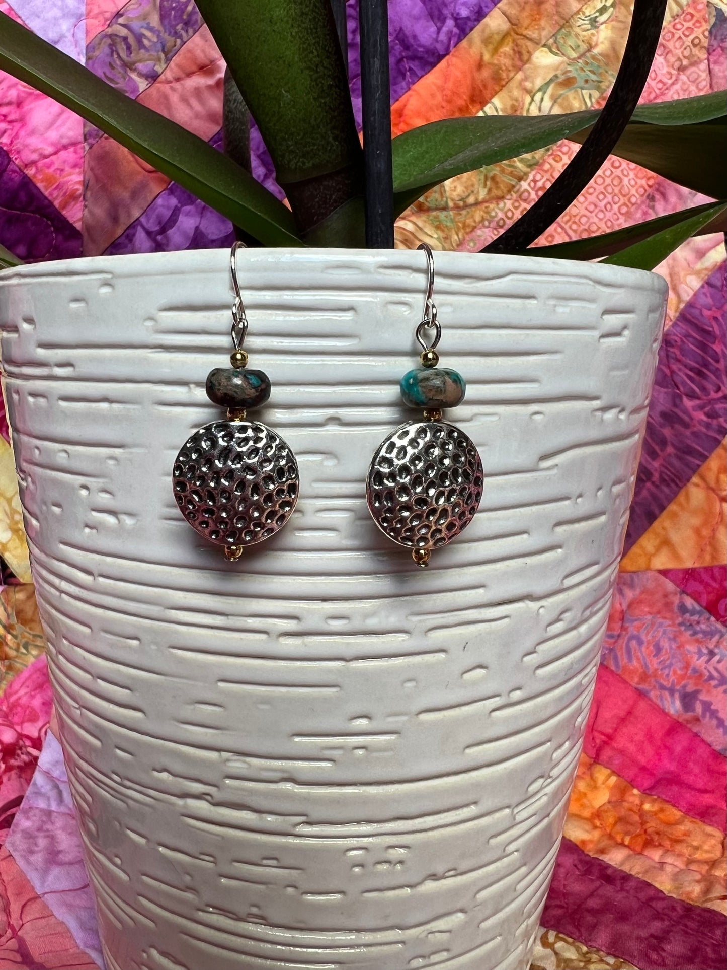 Earrings- Silver plated coin bead with turquoise stones.