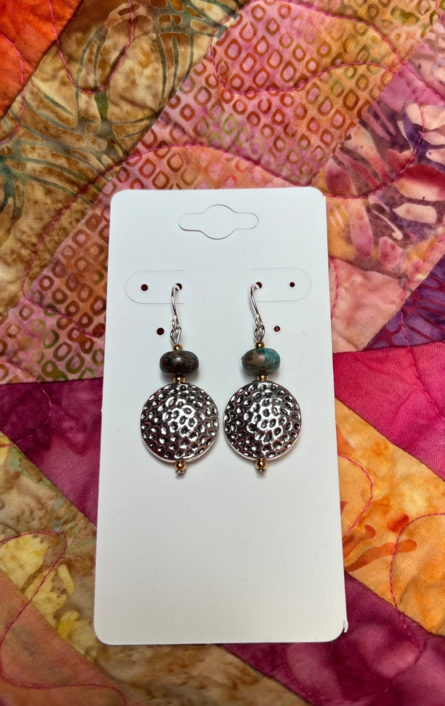 Earrings- Silver plated coin bead with turquoise stones.