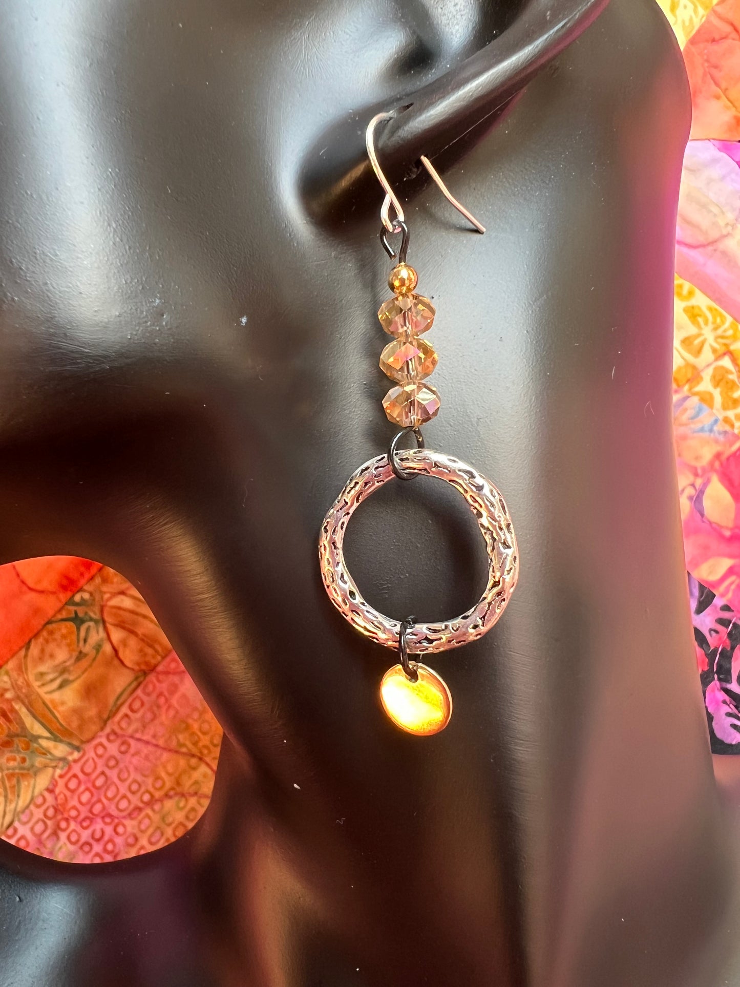 Earrings- Silver plated metal ear hooks and circle rings, with black metal and crystals. Multiple colors available.