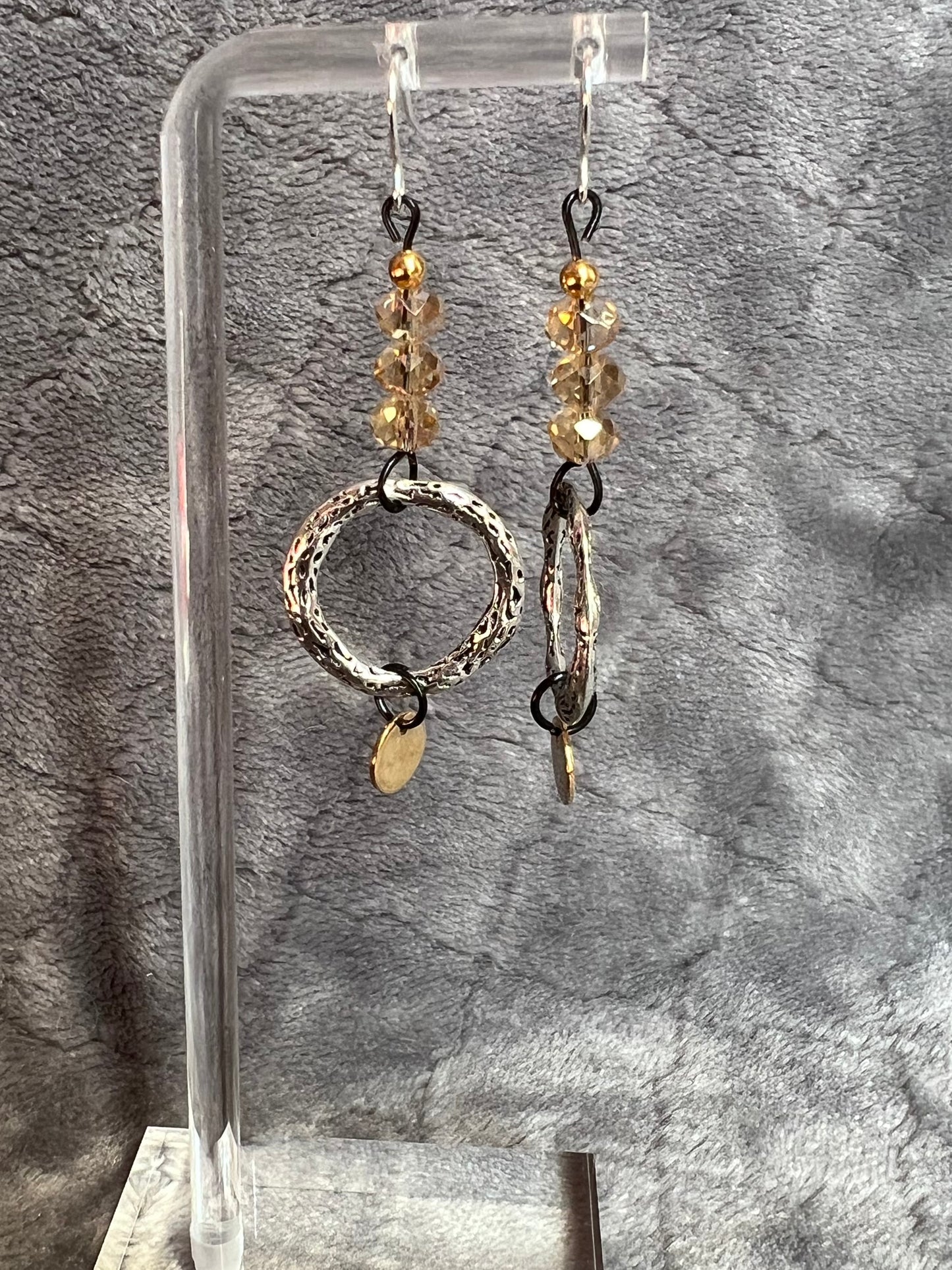 Earrings- Silver plated metal ear hooks and circle rings, with black metal and crystals. Multiple colors available.