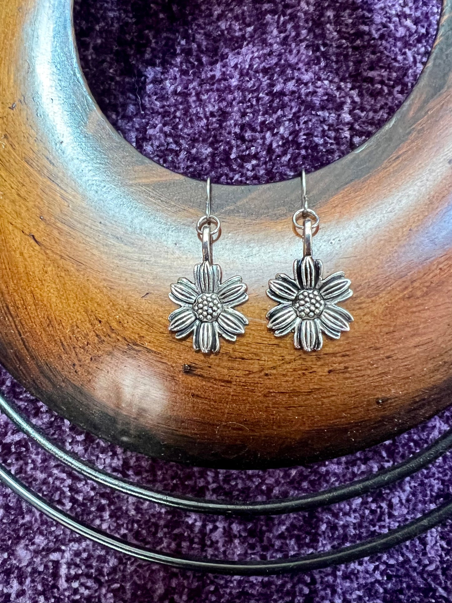 Earrings- Silver plated metal sunflowers.