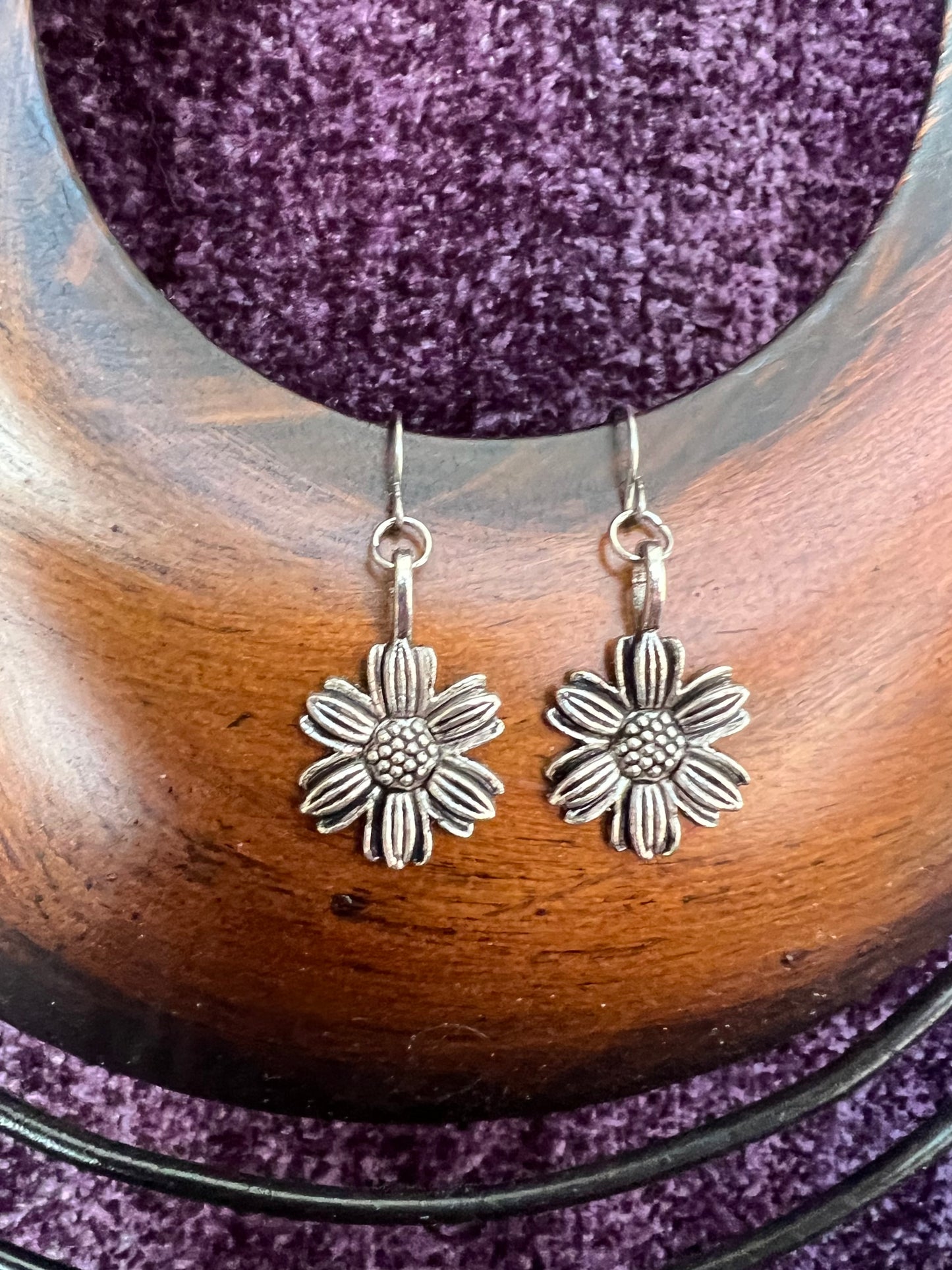 Earrings- Silver plated metal sunflowers.